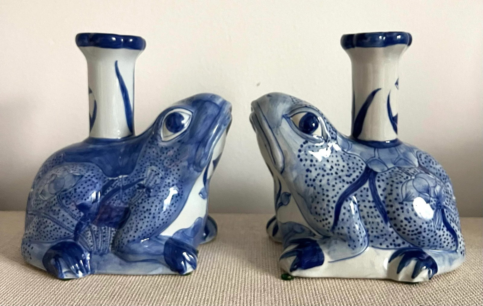 Blue and White Porcelain Frog Candle Stick Holders - A Pair - 9