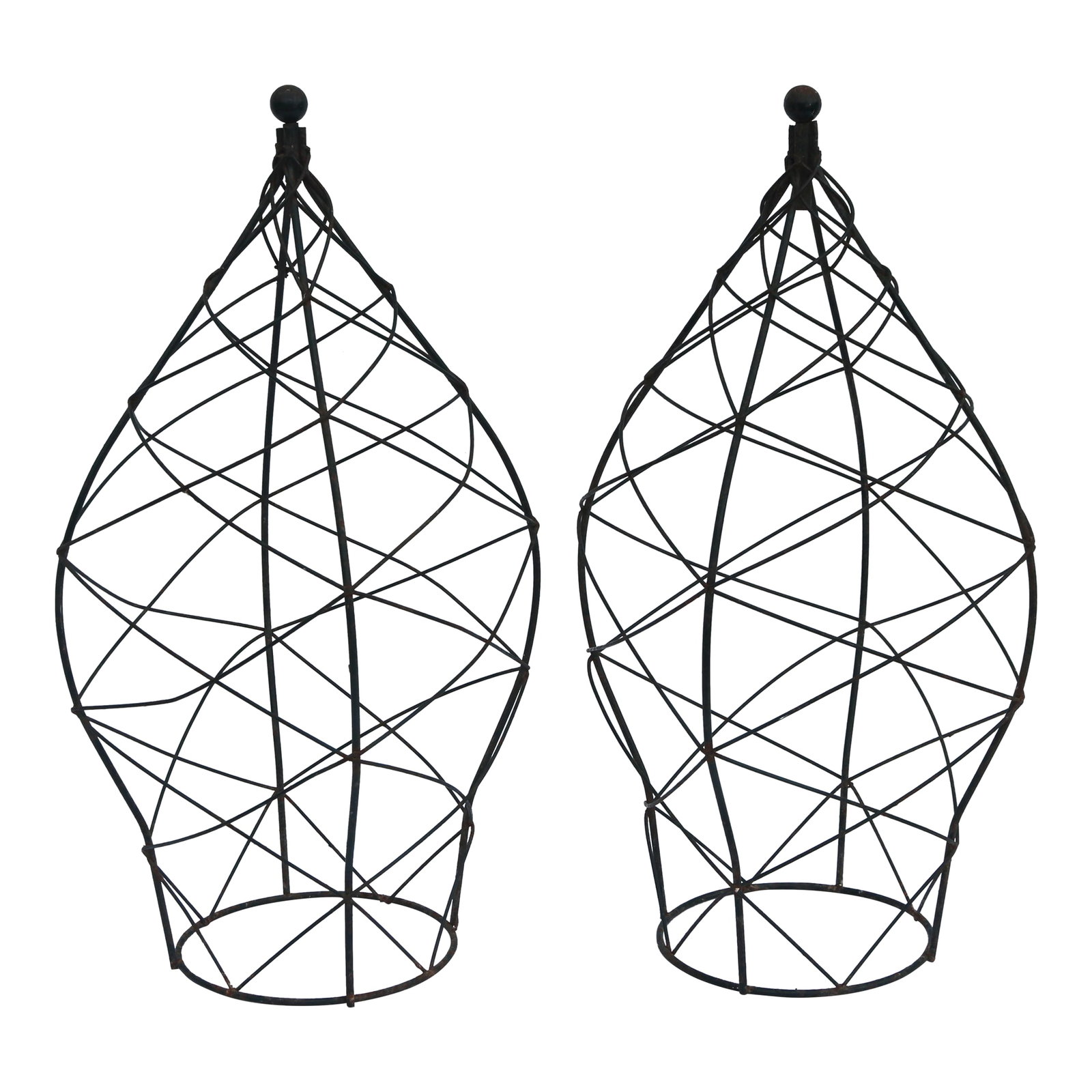 1950s Wrought Iron Garden Patina Topiaries / Plant Vining Flower Trellises - Set of 2: Pair of green, metal garden topiaries with spiraling trails on an hourglass-type shape leading to a peak with a round ball finial. Nice garden outdoor patina and structurally sound. I love the spiral 