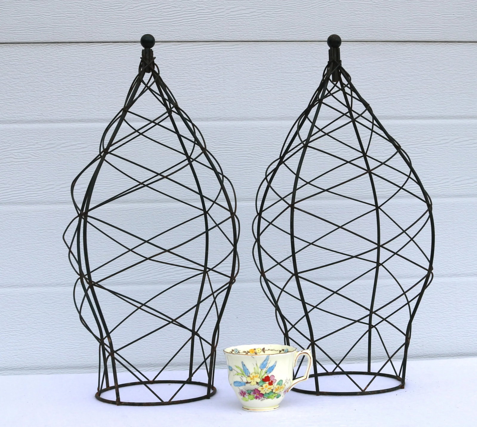1950s Wrought Iron Garden Patina Topiaries / Plant Vining Flower Trellises - Set of 2 - 6