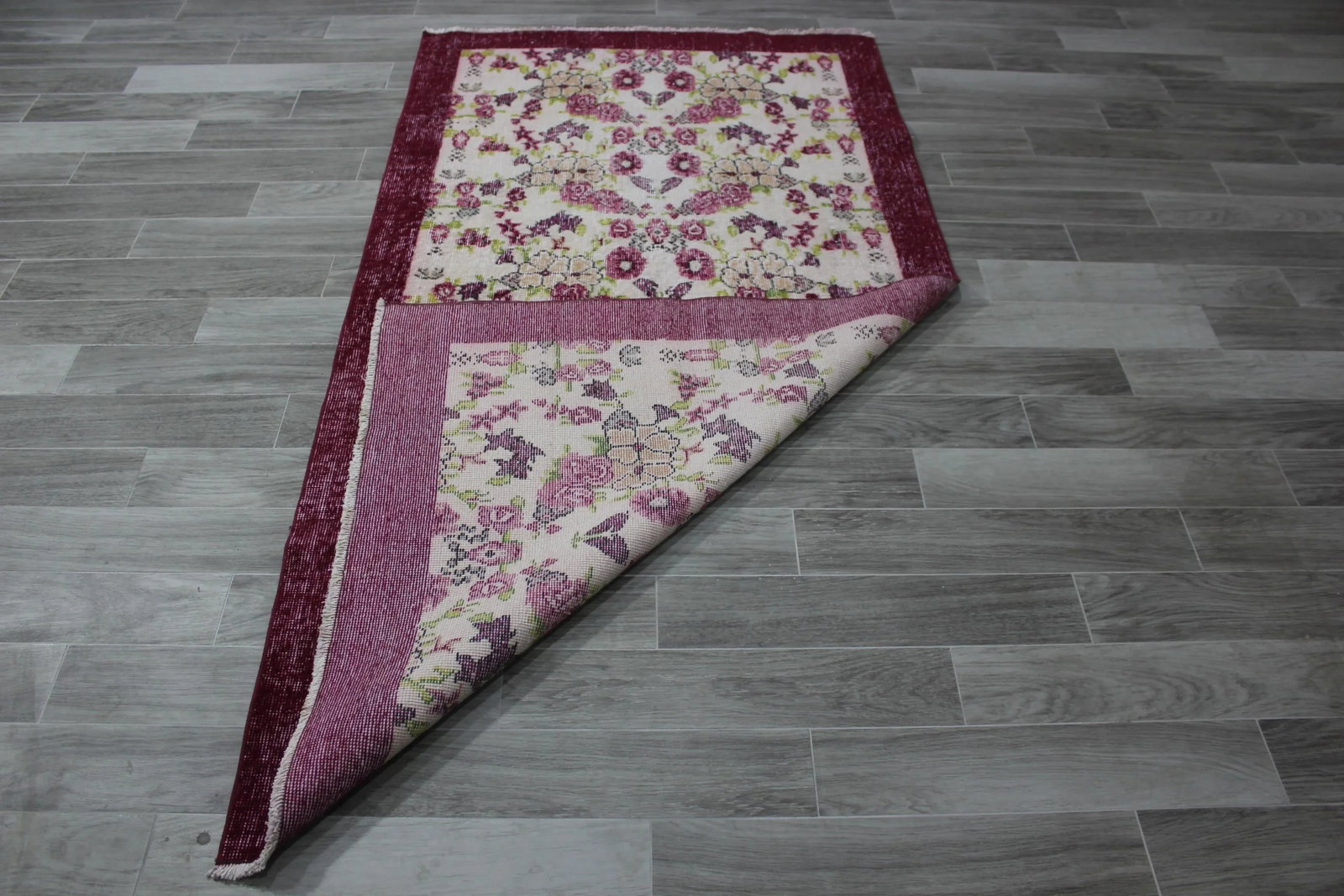 1970s Southwestern Style Floral Design Wool Wine Red Turkish Vintage Rug - 12