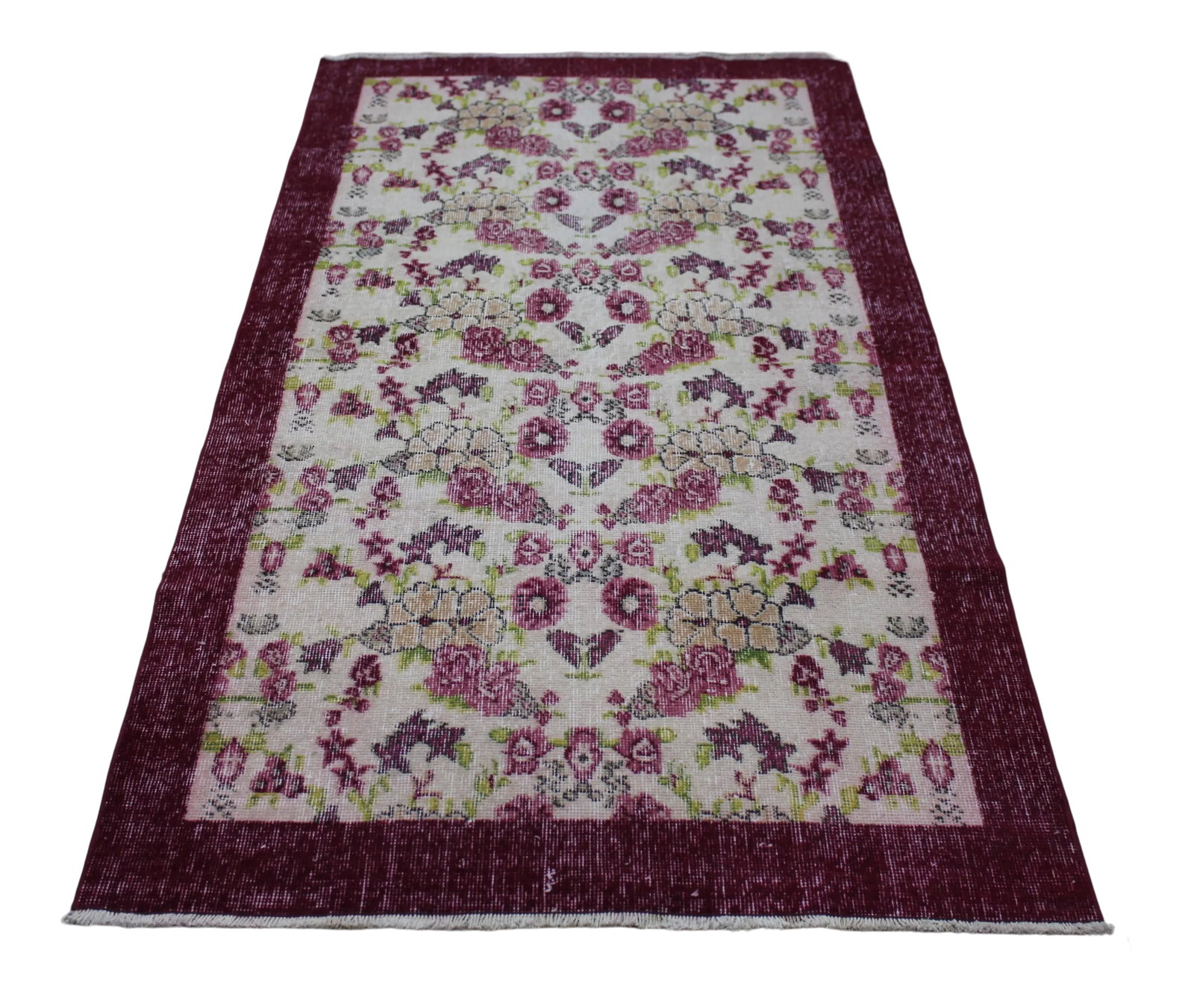 1970s Southwestern Style Floral Design Wool Wine Red Turkish Vintage Rug: 1970s Rustic Southwestern Style Floral Design Wool Wine Red Color Turkish Vintage Area Rug 4x7 Ft. Size: 3.6 x 6.6 ft (108 x 200 cm) 42 x 78 inches Color: Wine Red, Green, White, Beige Material: 100% 