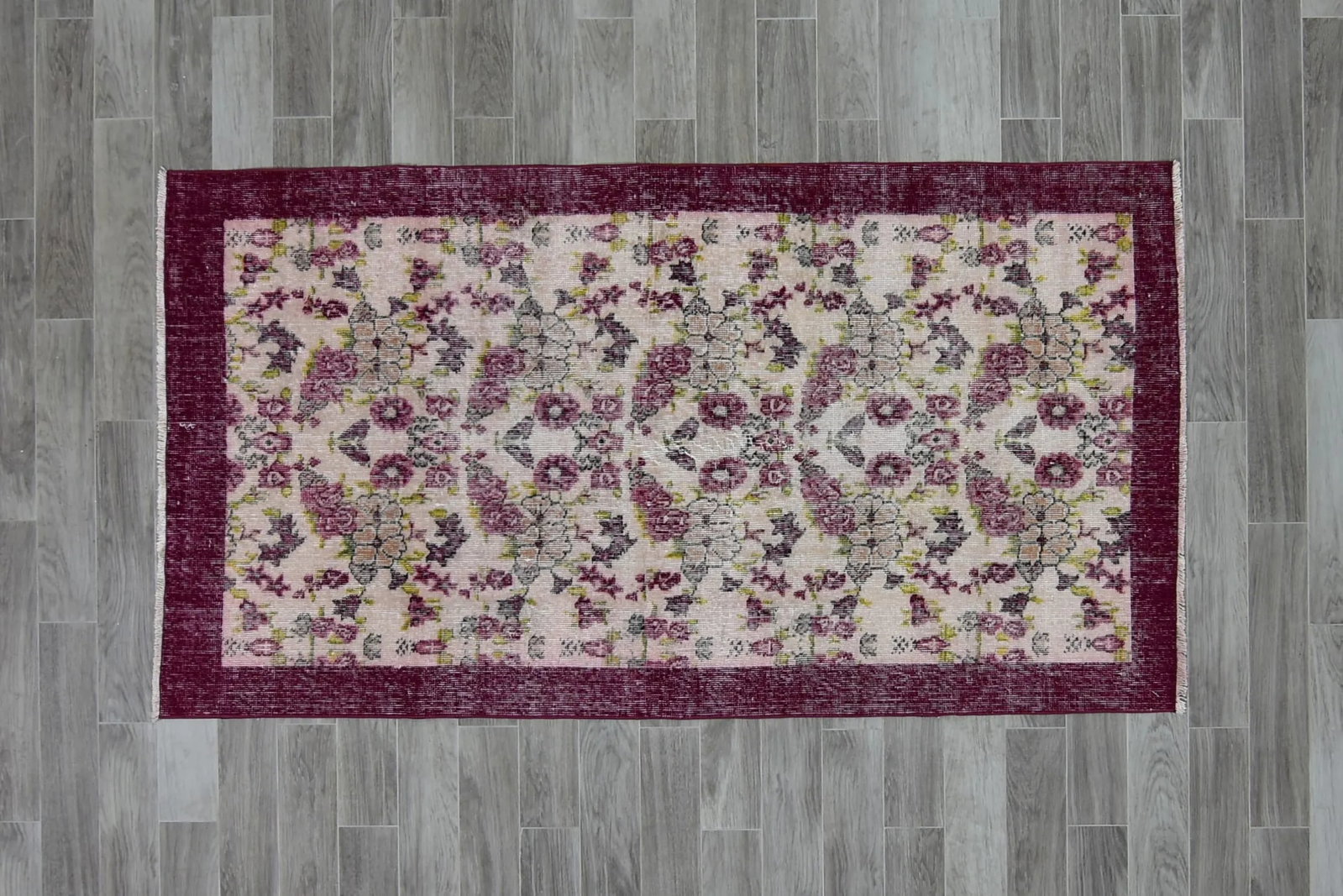 1970s Southwestern Style Floral Design Wool Wine Red Turkish Vintage Rug - 4