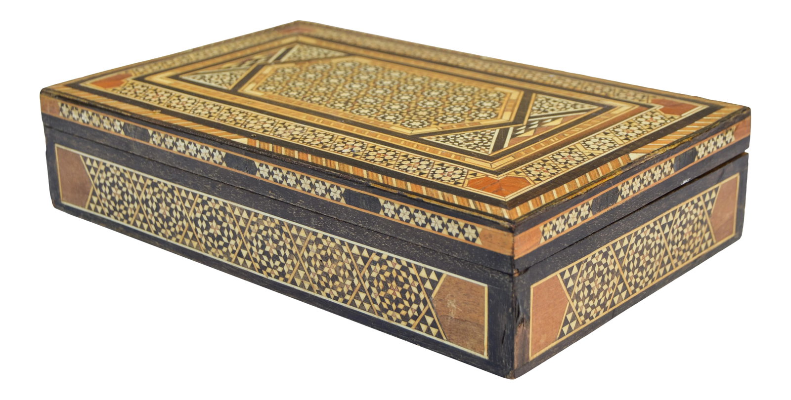 Moorish Mother-Of-Pearl Inlaid Box: Vintage handcrafted box with intricate inlaid walnut, mahogany and fruitwood. Featuring a remarkable Moorish Arabesque pattern and ornate astral symbols, exhibiting an exquisite marquetry artwork.