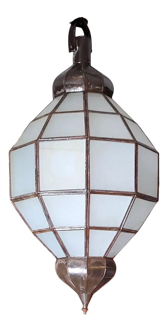 Medium Moroccan Chess Style Glass Lantern: Handmade Moroccan glass lantern with frosty white stain glass and metal rustic frame, measuring around 19" in height and 9" in width. Very elegant with a bottom domes. Great add-on to any decor.