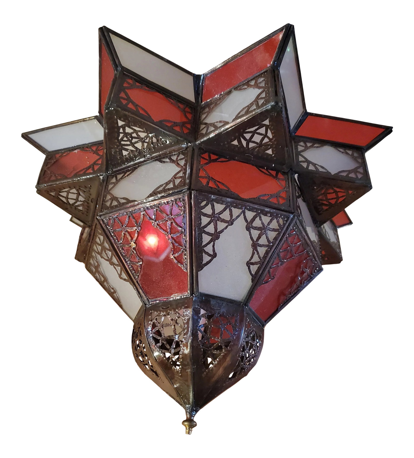 Moroccan Nejma Style Red and White Glass Lantern: Handmade Moroccan glass lantern with frosty red and white stain glass and metal rustic frame, measuring around 12" in height and 15" in width. Very elegant with a bottom domes. Great add-on to any