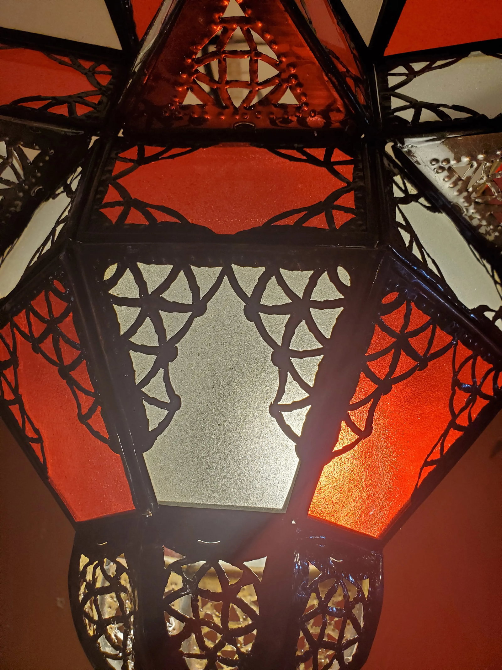 Moroccan Nejma Style Red and White Glass Lantern - 2
