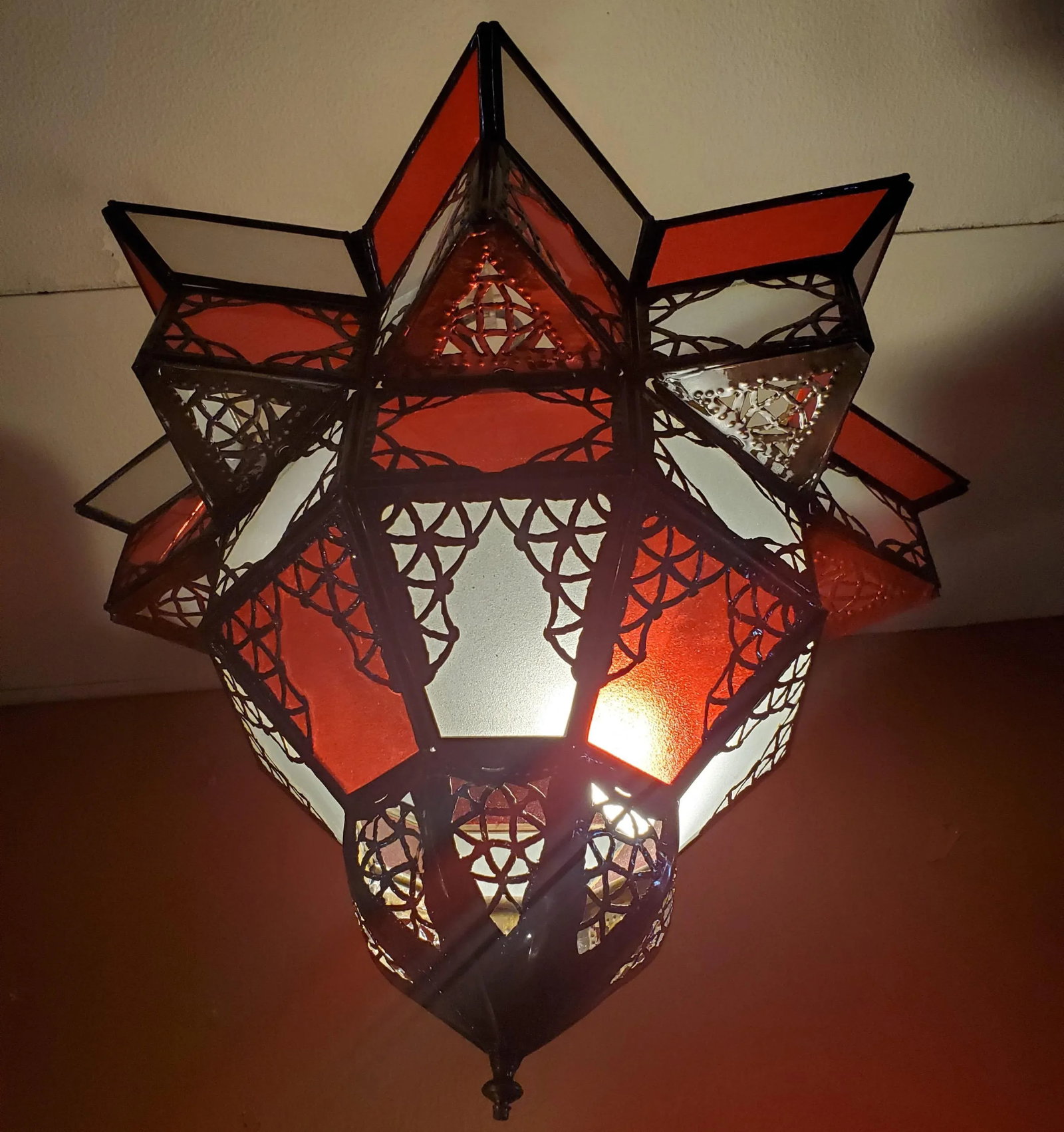Moroccan Nejma Style Red and White Glass Lantern - 3