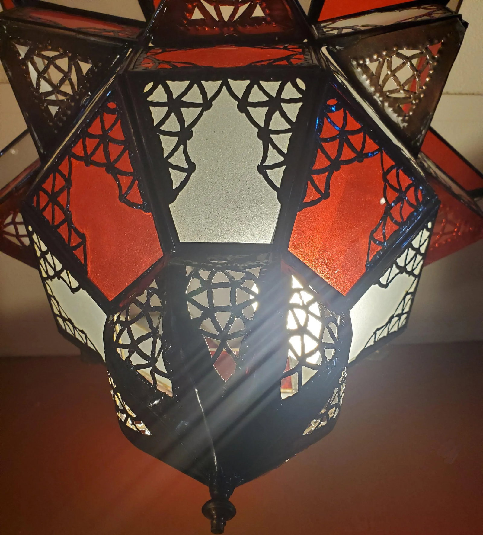 Moroccan Nejma Style Red and White Glass Lantern - 5