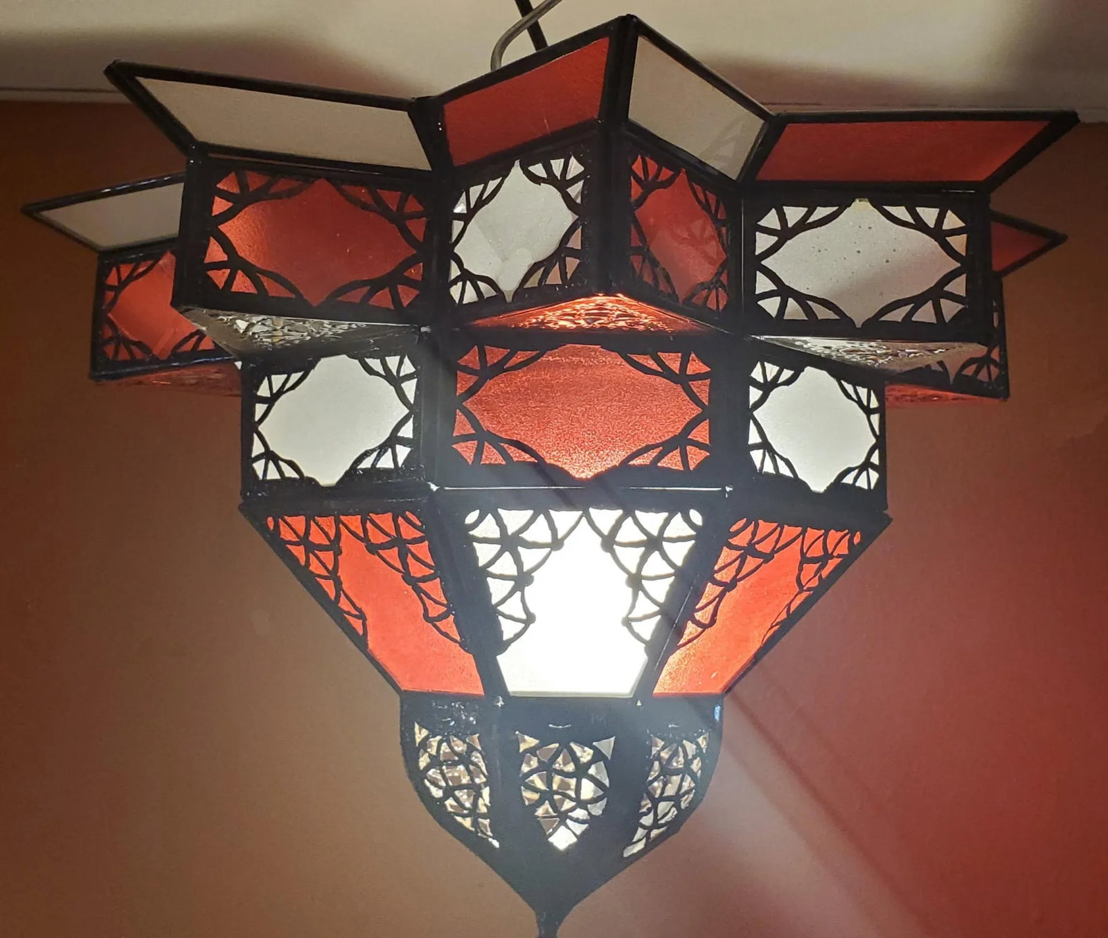 Moroccan Nejma Style Red and White Glass Lantern - 6