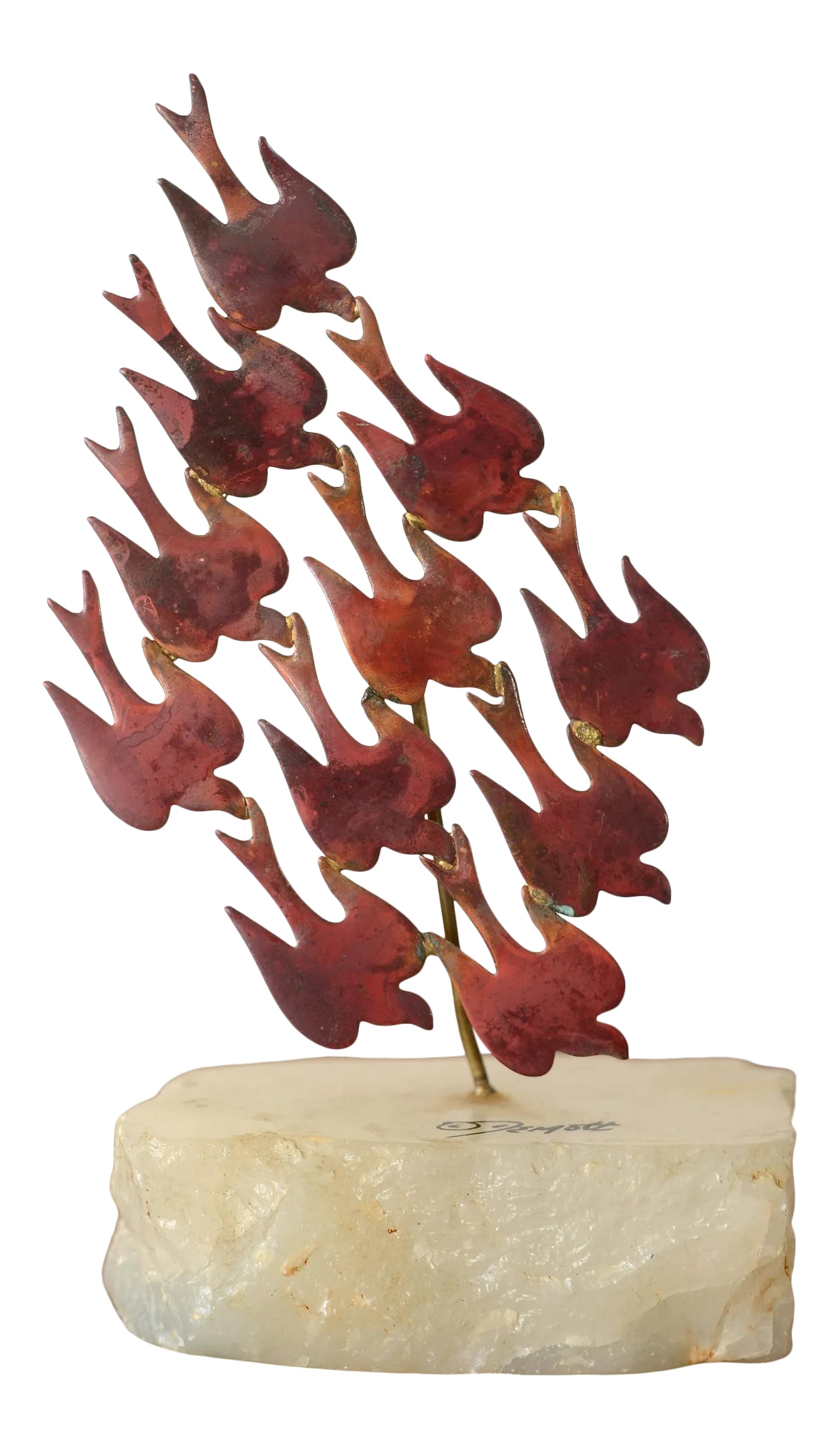 1970s Vintage DeMott Copper & Enamel Red Doves Sculpture: A rare and gorgeous small 1970s John DeMott sculpture of a flock of 11 red doves made of copper and enamel on a marble base. This is an exceptionally hard to find piece from the artist since most of