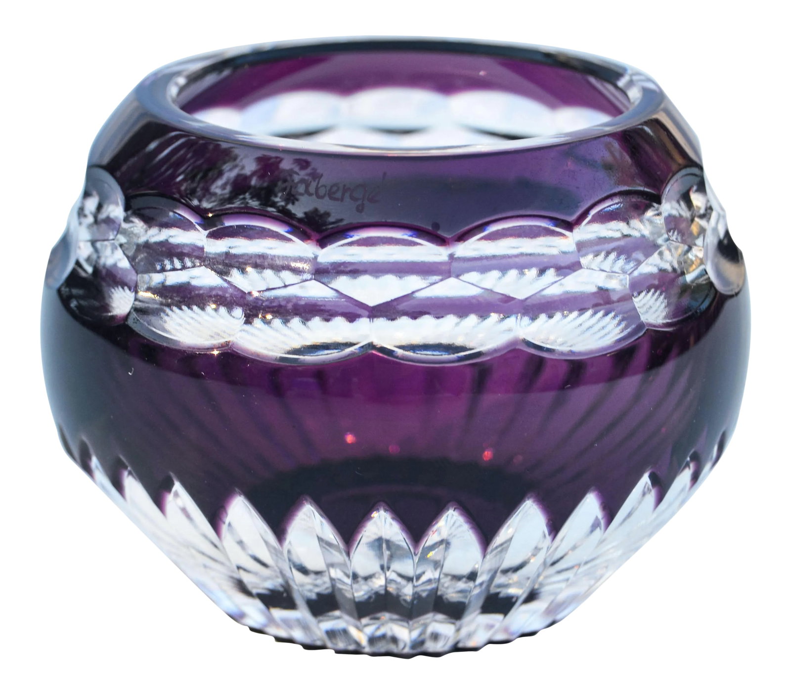 Purple Crystal Candle Holder: Midcentury handmade clear and purple crystal centerpiece and candleholder, elegantly hand-cut with ornate details. Marked on undersides: Faberge. This beautiful accent ships within 1-2 business days
