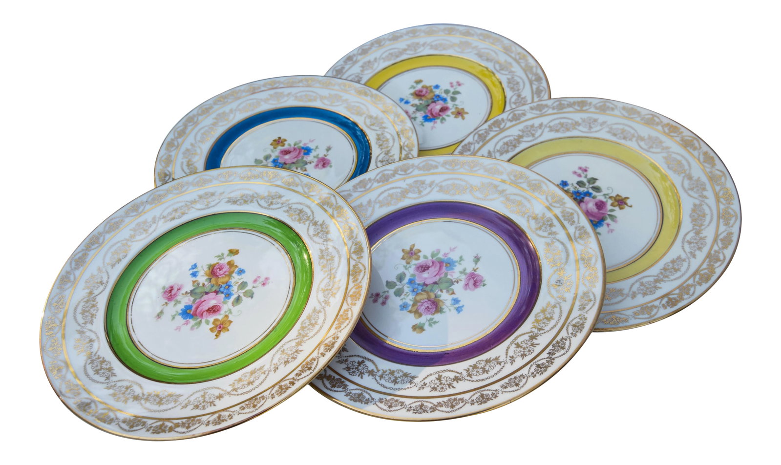 Mid 20th Century Golden Plates with Colorful Floral Motif- Set of 5: Set of five vintage golden porcelain plates hand-painted with intricate floral pattern, ornate gold rims and colorful bands. Marked: M & R, USA. This gorgeous accent ships within 1-2 business days