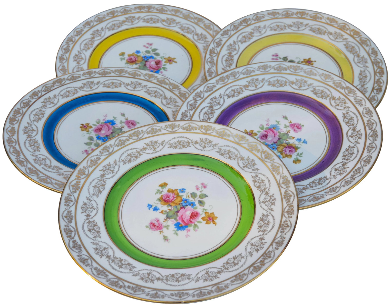 Mid 20th Century Golden Plates with Colorful Floral Motif- Set of 5 - 2