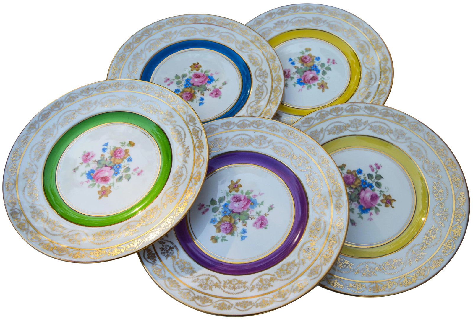 Mid 20th Century Golden Plates with Colorful Floral Motif- Set of 5 - 3