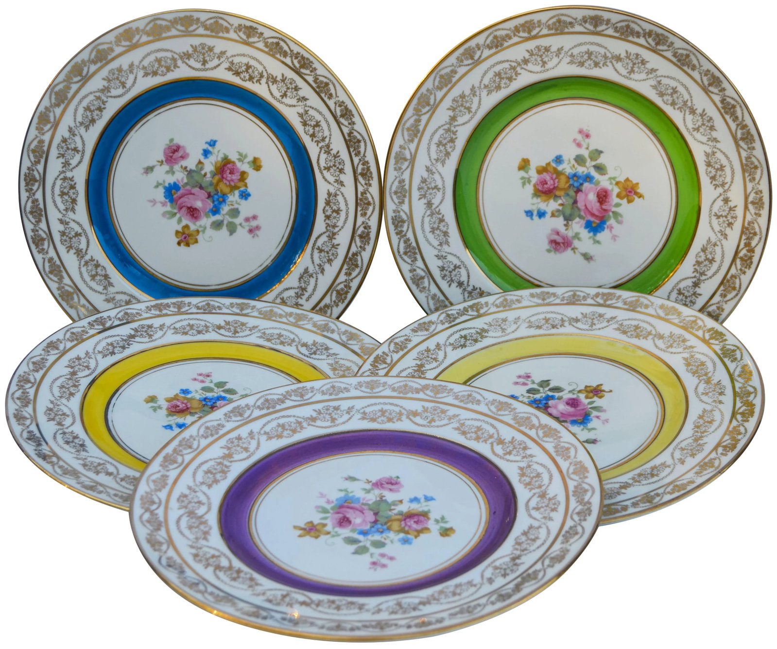 Mid 20th Century Golden Plates with Colorful Floral Motif- Set of 5 - 4