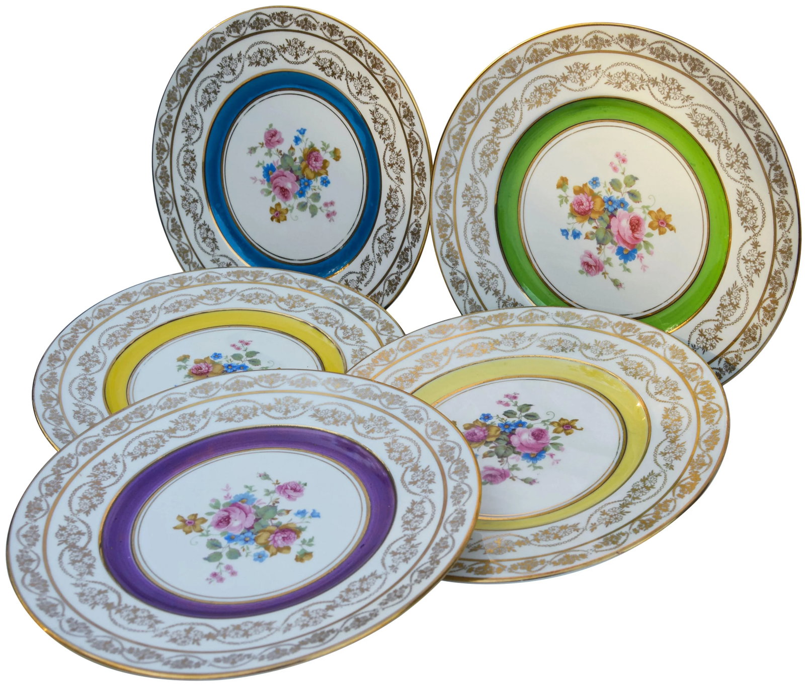 Mid 20th Century Golden Plates with Colorful Floral Motif- Set of 5 - 5