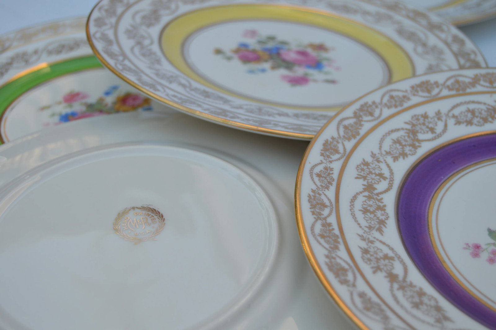 Mid 20th Century Golden Plates with Colorful Floral Motif- Set of 5 - 7