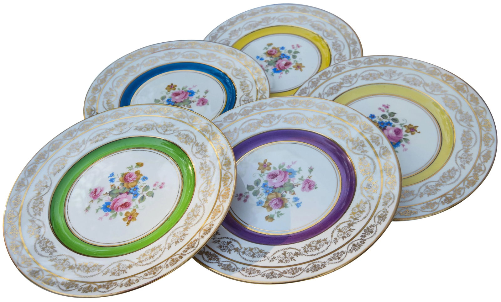 Mid 20th Century Golden Plates with Colorful Floral Motif- Set of 5 - 8