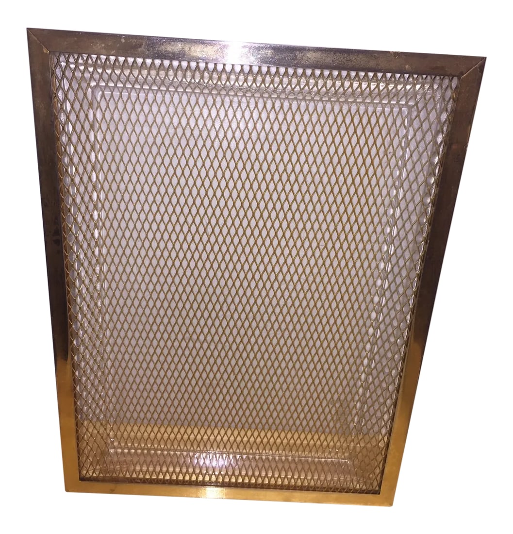 Vintage Mid-Century Modern Brass Tray: Mid century modern brass serving tray. Features mesh brass encased in glass. Condition: Alterations: Original Condition Unaltered Imperfections: Some Imperfections Condition Notes: Great condition