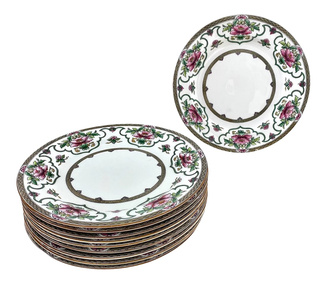 Mid 20th Century Royal Worcester Chinoiserie Pink Lotus Dinner Plates - Set of 10: Lovely set of 10 Vintage Royal Worcester Chinoiserie dinner plates. Pink lotus flowers adorn the sides with Greek key and scallop detailing. Made in England. Condition: Alterations: Original