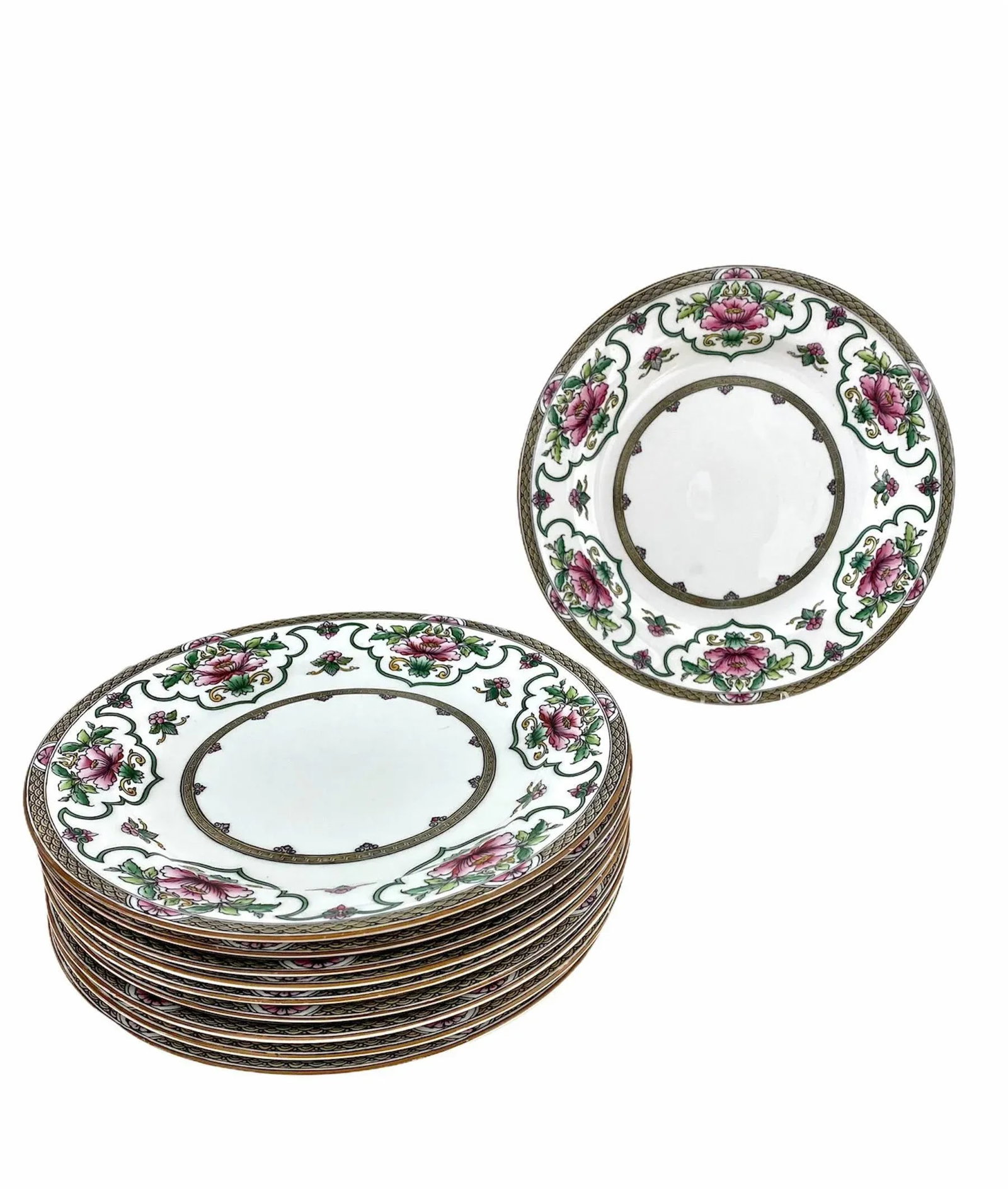 Mid 20th Century Royal Worcester Chinoiserie Pink Lotus Dinner Plates - Set of 10 - 5