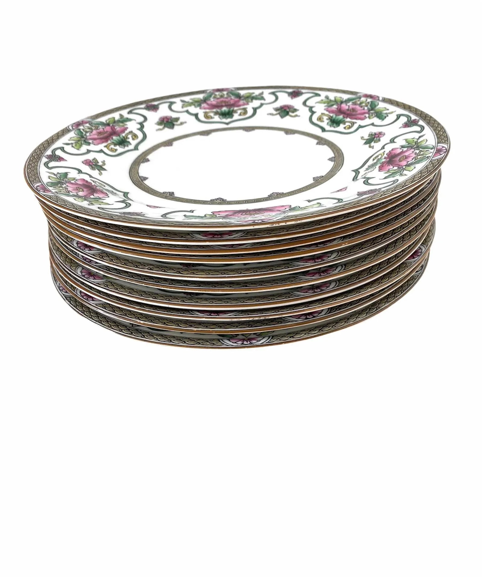 Mid 20th Century Royal Worcester Chinoiserie Pink Lotus Dinner Plates - Set of 10 - 8