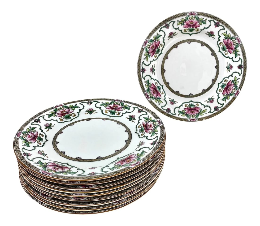 Mid 20th Century Royal Worcester Chinoiserie Pink Lotus Dinner Plates - Set of 10 - 9
