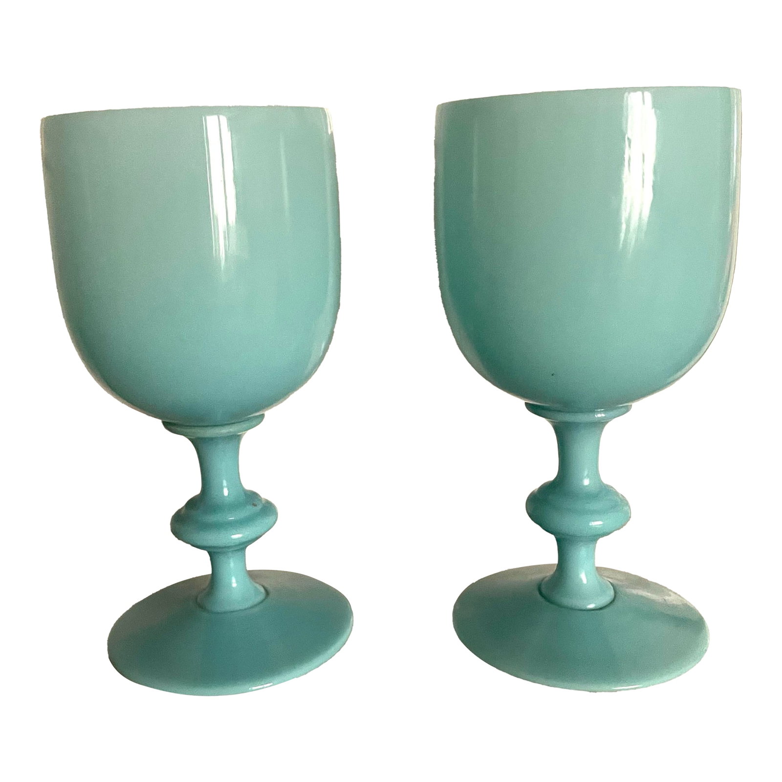 Pair of Vintage Portieux Vallerysthal Blue Opaline Glasses: This is a lovely set of Portieux Vallerysthal wine or water goblets will finish off any table setting. Made in France these are the larger of their glasses great for water or wine. This set has a bit