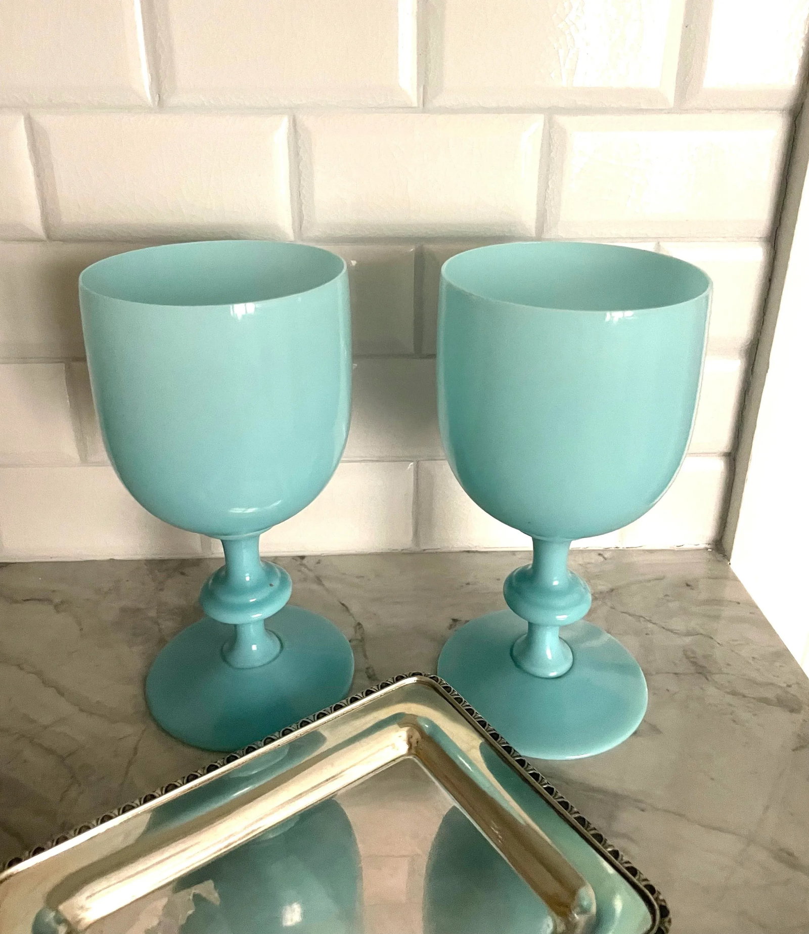 Pair of Vintage Portieux Vallerysthal Blue Opaline Glasses - 2