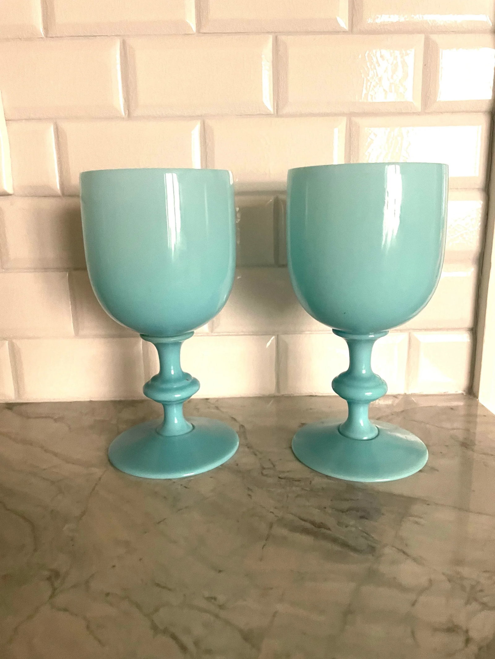 Pair of Vintage Portieux Vallerysthal Blue Opaline Glasses - 3