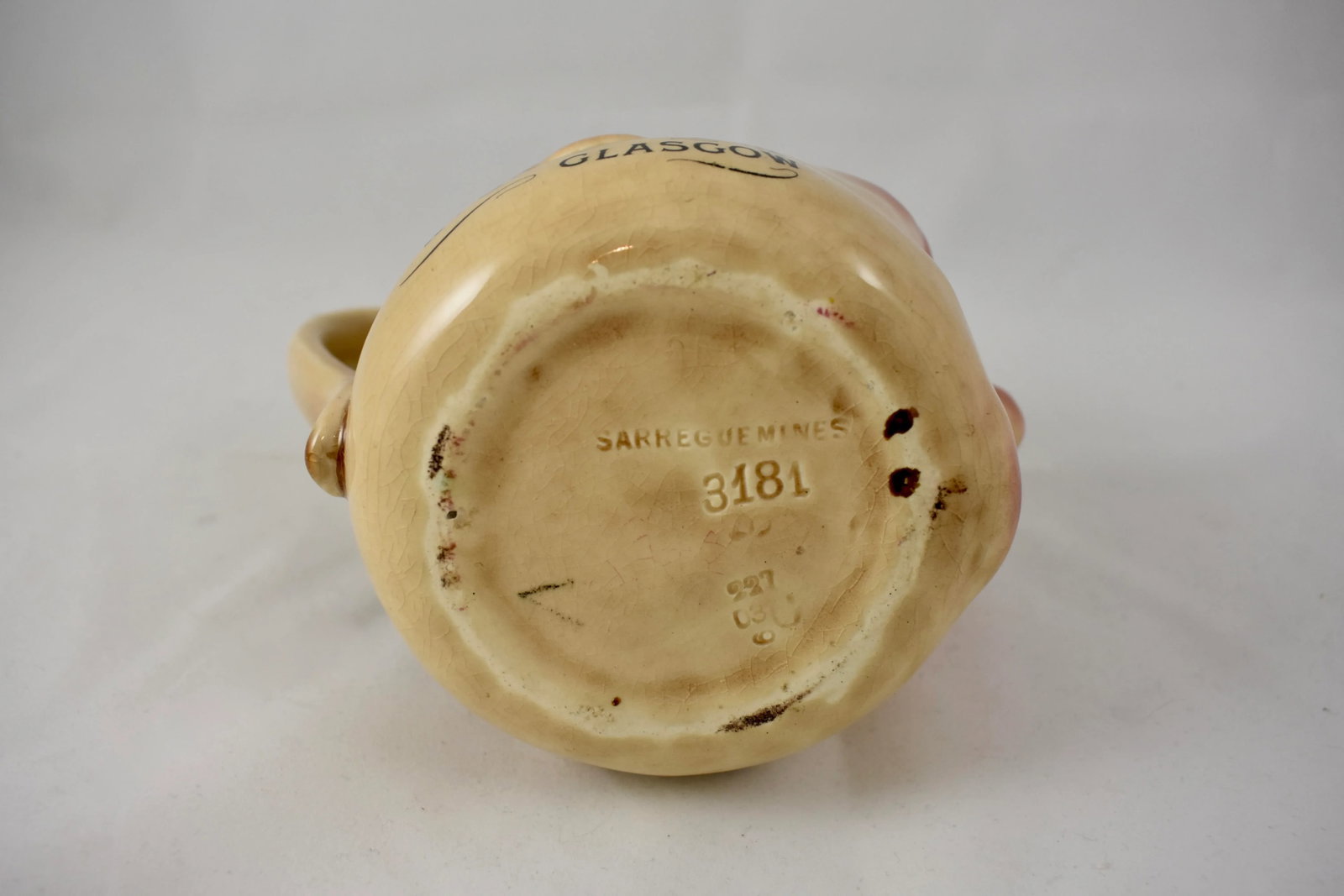 French Sarreguemines Advertising Face Jug for Greer's Scotch Whiskey, 1890s - 11