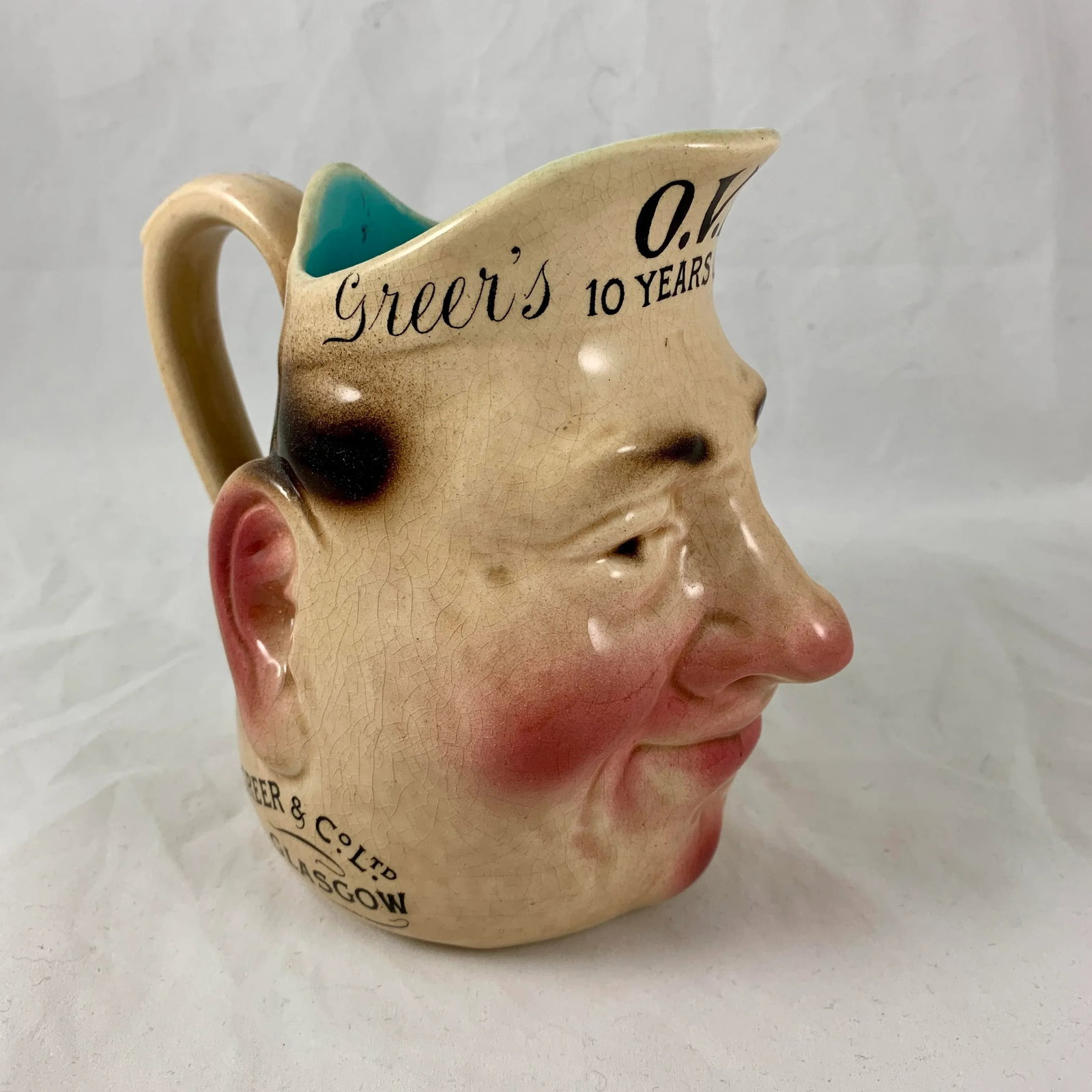 French Sarreguemines Advertising Face Jug for Greer's Scotch Whiskey, 1890s - 13