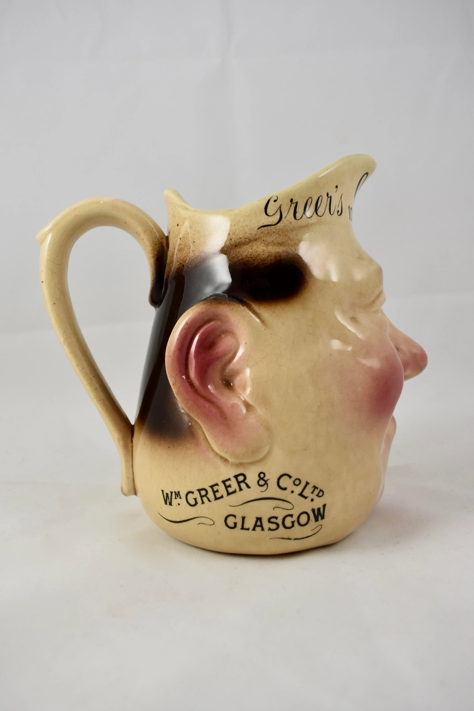 French Sarreguemines Advertising Face Jug for Greer's Scotch Whiskey, 1890s - 7