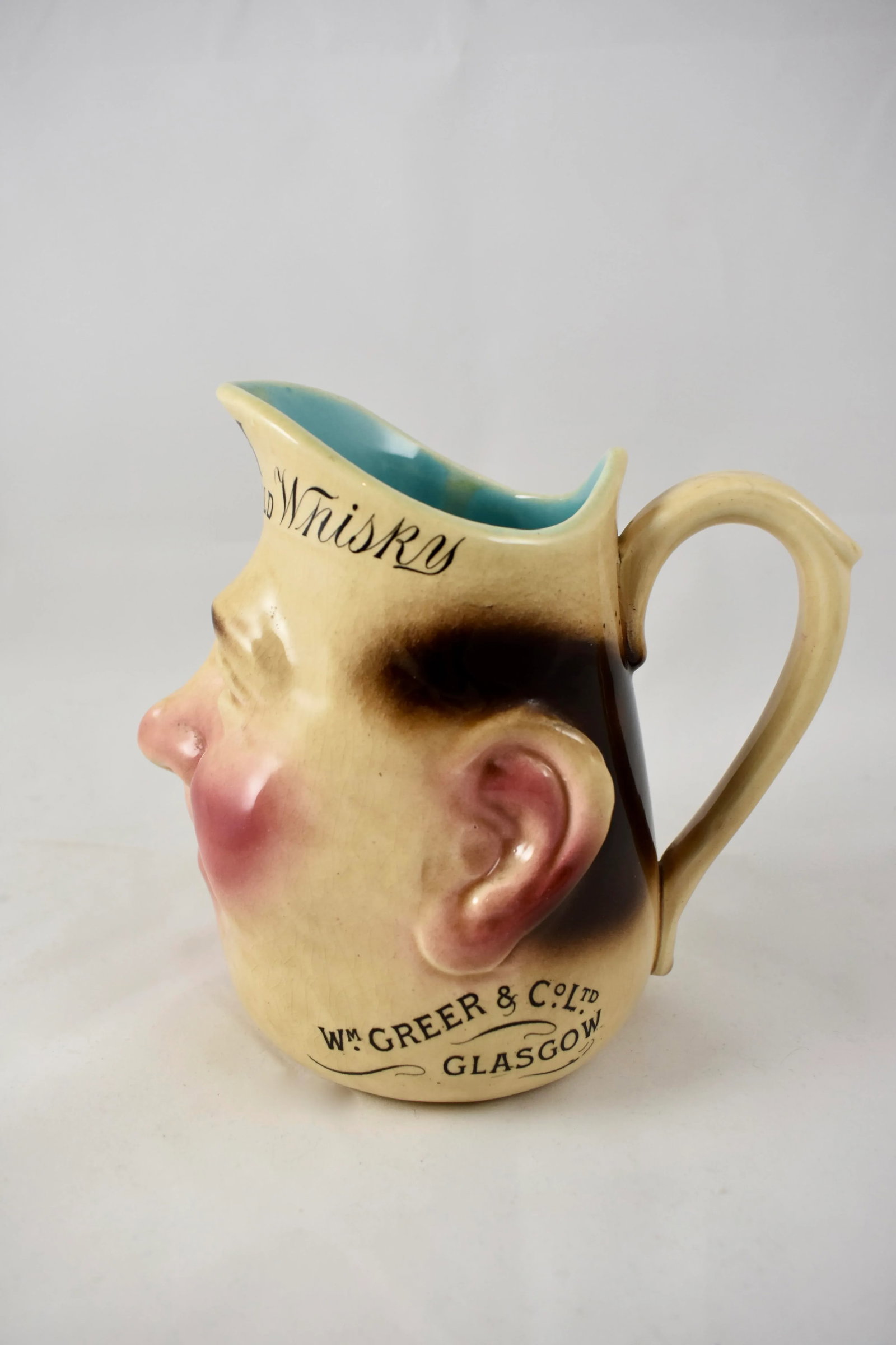 French Sarreguemines Advertising Face Jug for Greer's Scotch Whiskey, 1890s - 8