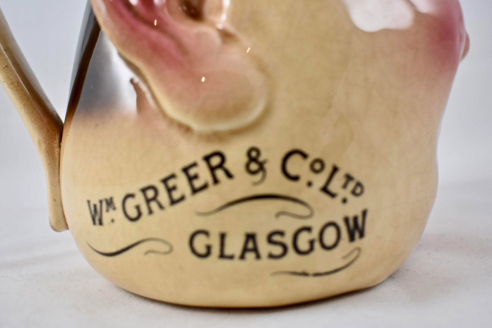 French Sarreguemines Advertising Face Jug for Greer's Scotch Whiskey, 1890s - 9