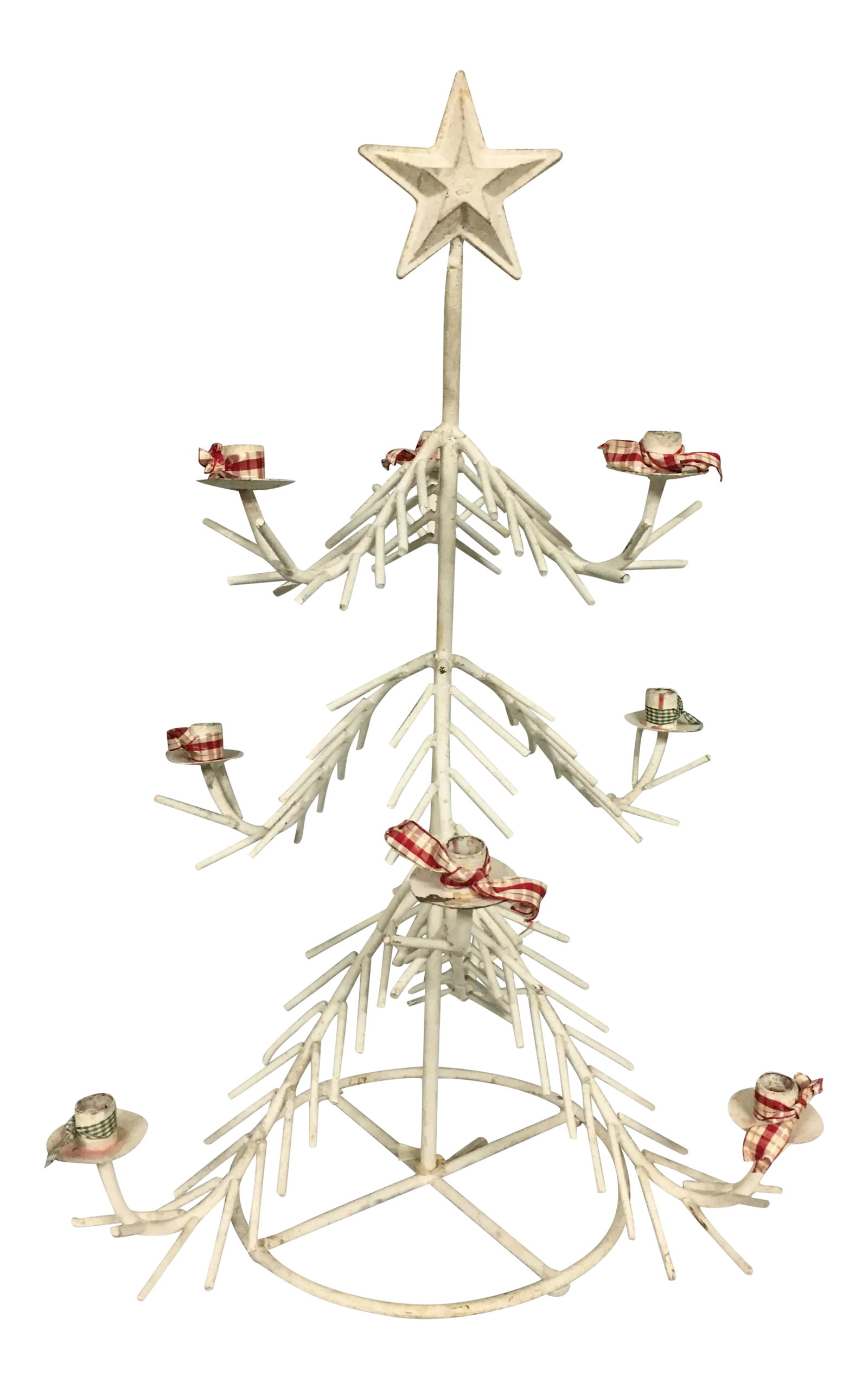 Nordic Christmas Tree Candelabra Stand: Vintage Hand-made Iron Nordic Candle Holder. Holds 9 taper size candles. Sits on round base. Iron star on top. Condition: Alterations: Original Condition Unaltered Imperfections: Some Imperfections Co