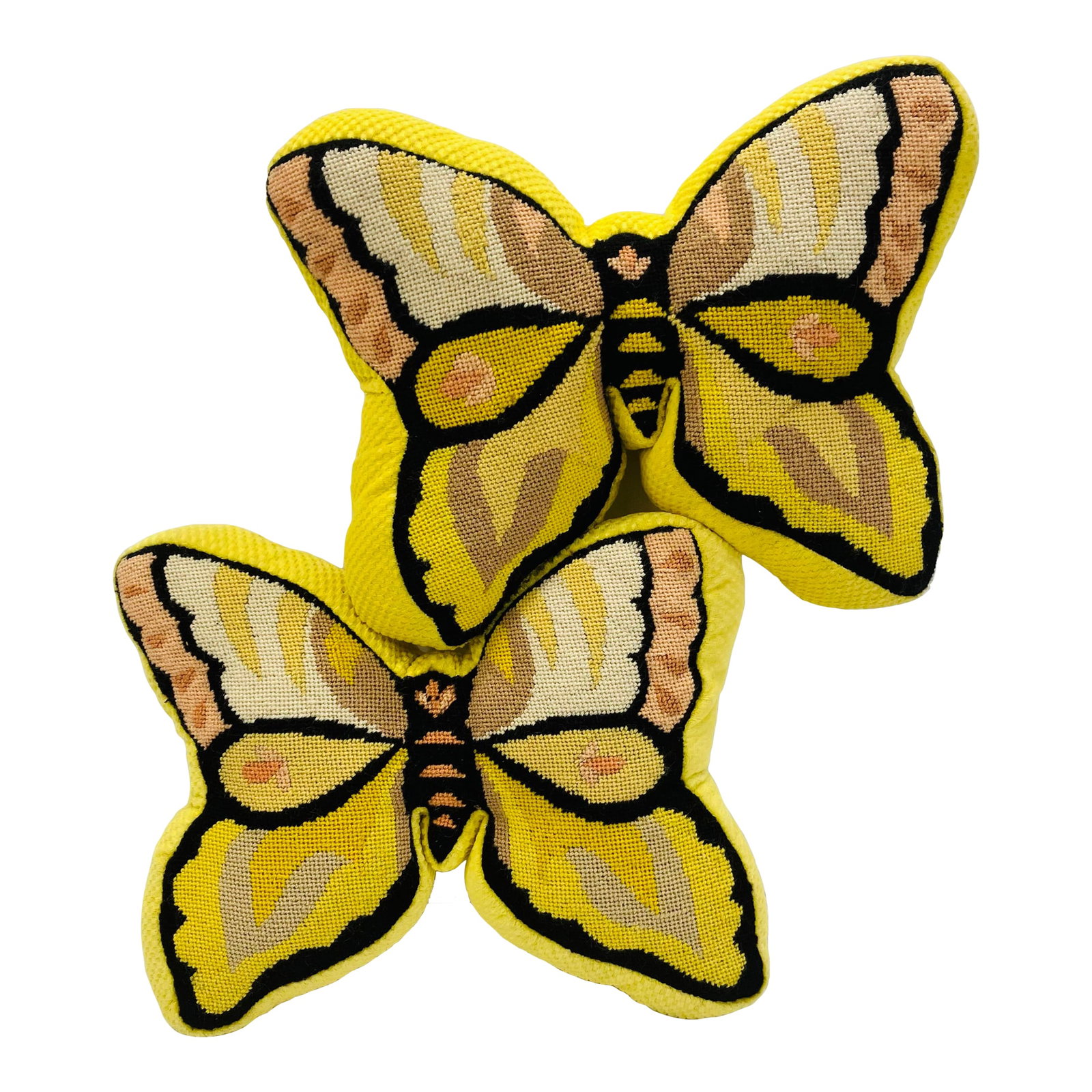 Pair of 1980s Butterfly Needlepoint Pillows: This pair of whimsical needlepoint pillows was hand crafted in Maine in the 80's 14 w 11h 2 d Condition: Alterations: Original Condition Unaltered Imperfections: Some Imperfections Condition Notes: