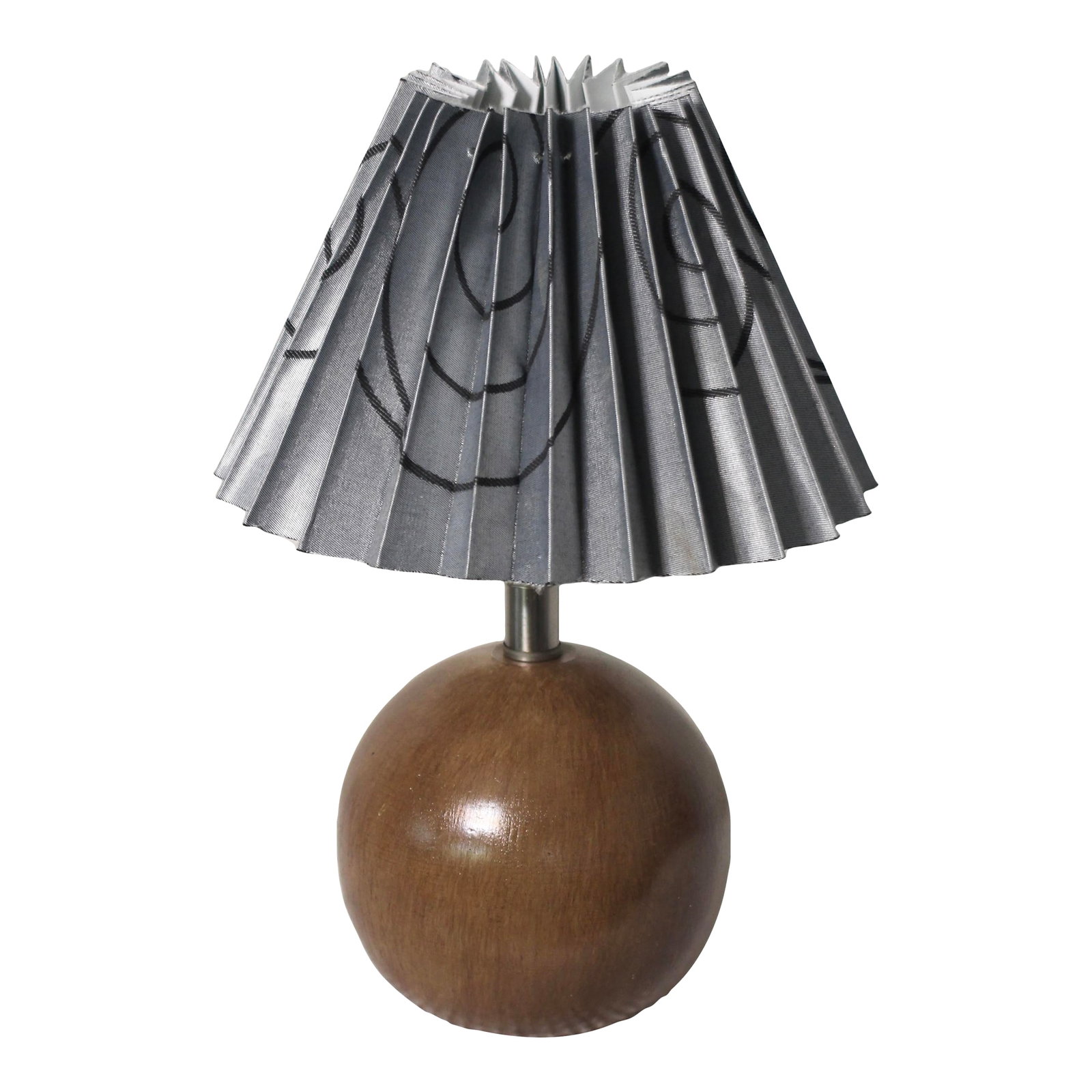 Small Contemporary Wooden Orb Table Lamp With Blue Pleated Shade: A small carved wood orb or sphere lamp perfect for a small space. Topped with a clip on pleated or accordion shade in a dusty light blue with navy swirl pattern. The fabric has a sheen to it. Great co