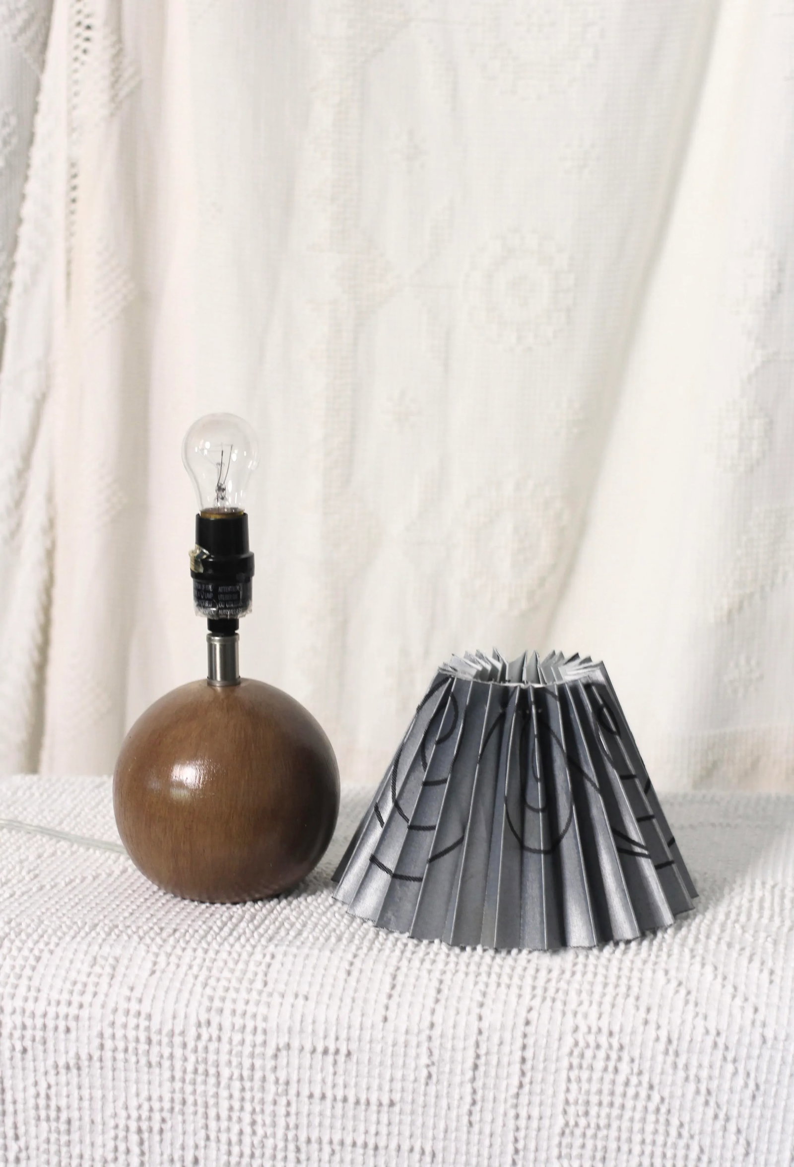 Small Contemporary Wooden Orb Table Lamp With Blue Pleated Shade - 3