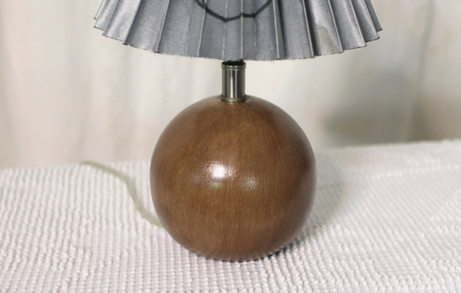 Small Contemporary Wooden Orb Table Lamp With Blue Pleated Shade - 4
