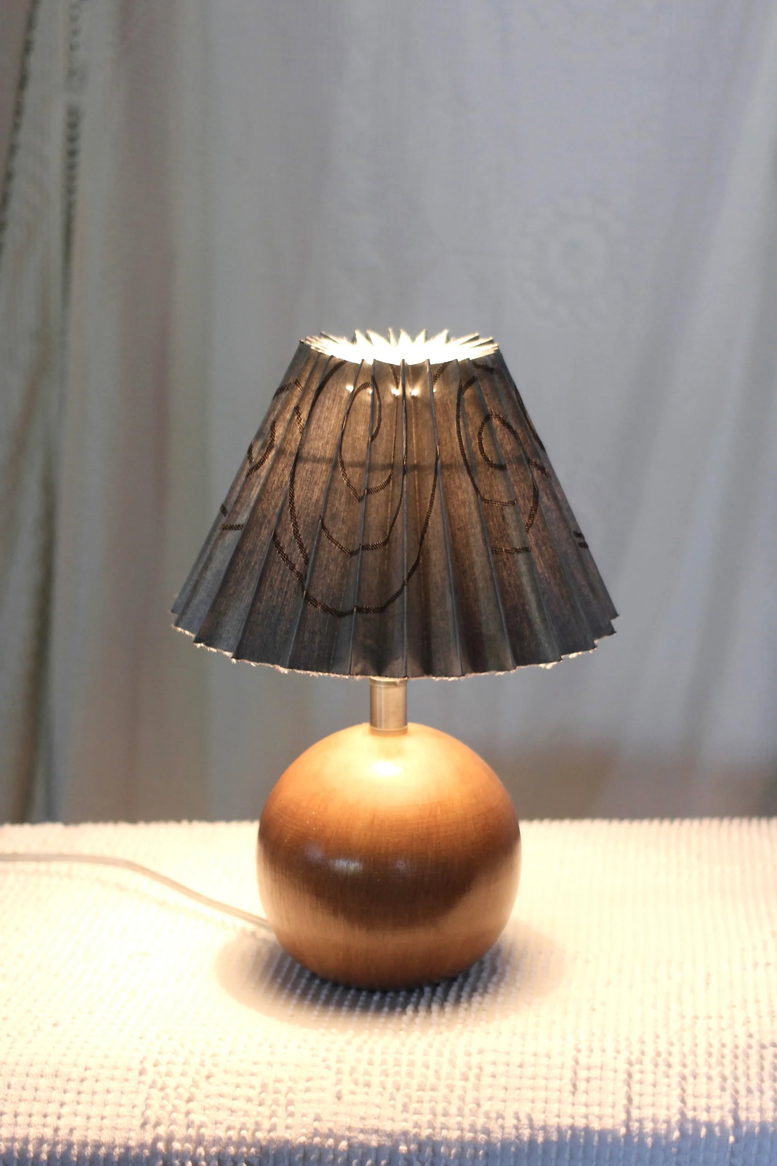 Small Contemporary Wooden Orb Table Lamp With Blue Pleated Shade - 7