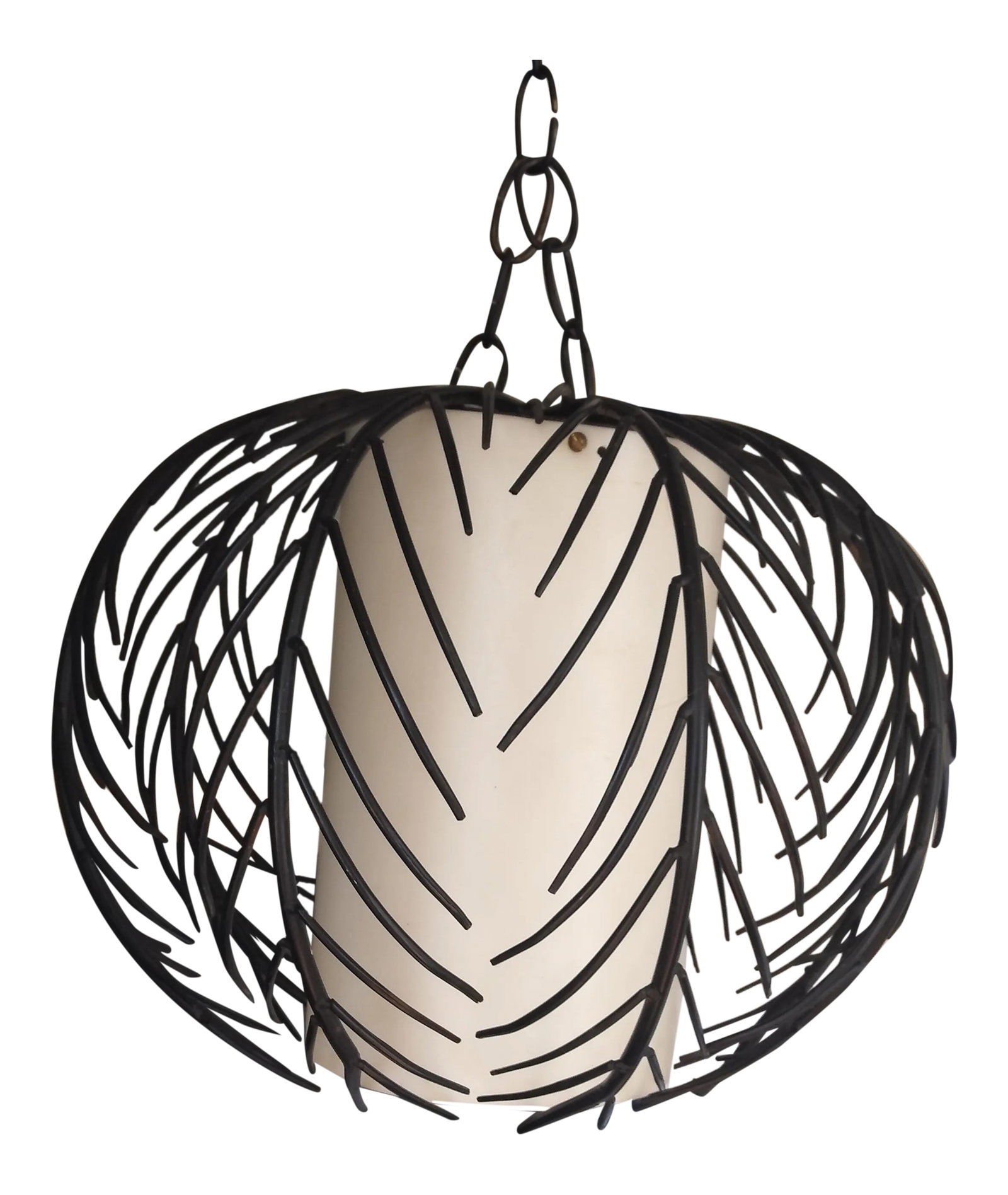 1970s Mid-Century Steel and Acrylic Pendant Lamp: This early 1970's pendant is made of black steel with an acrylic inner shade can be used nicely over a dining table or in a bedroom just about anywhere due to the color design it's very interesting