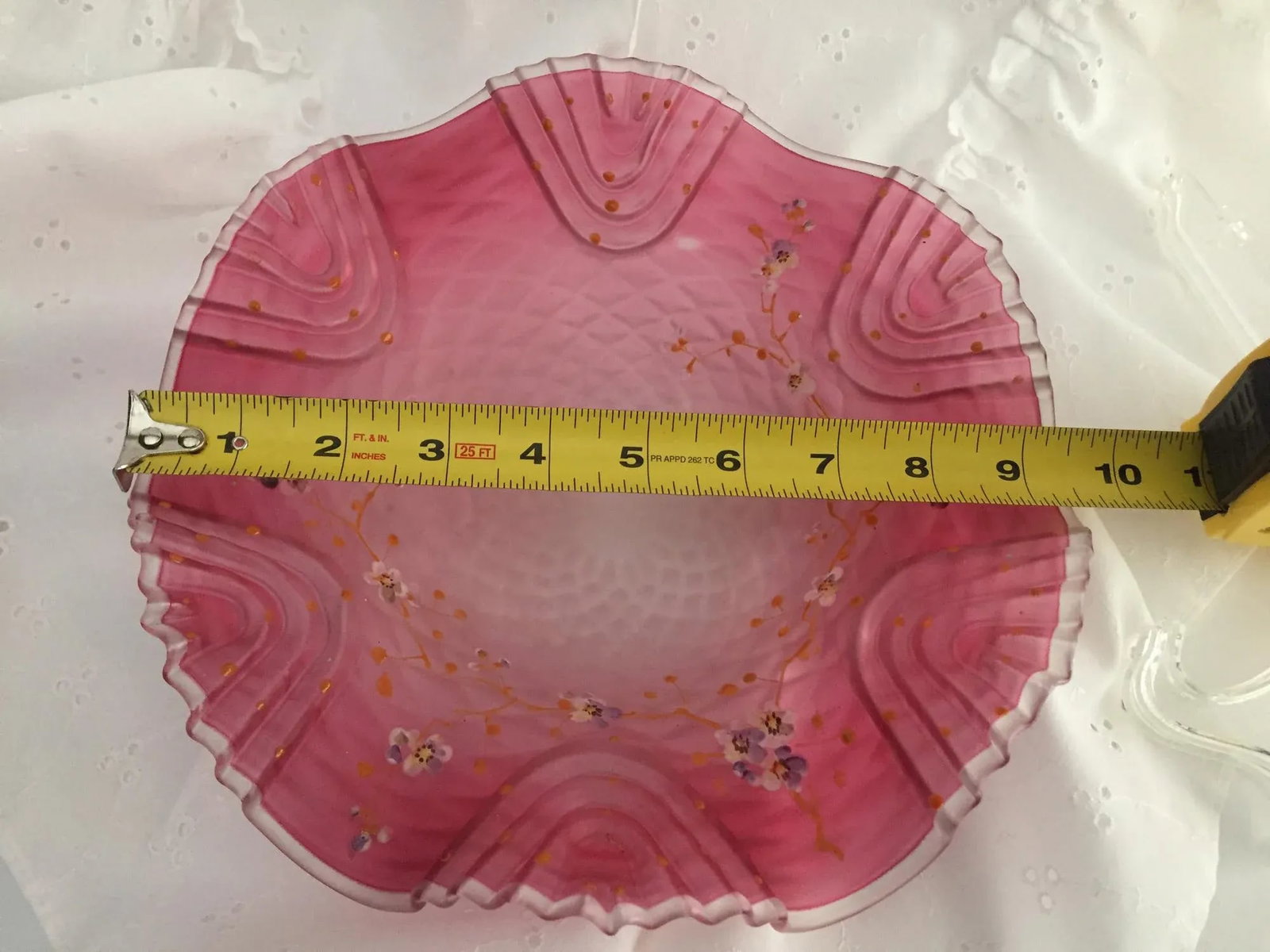Late 19th Century Bohemian Victorian Art Glass Pink Cranberry Satin Glass Bride's Bowl with Diamond - 10