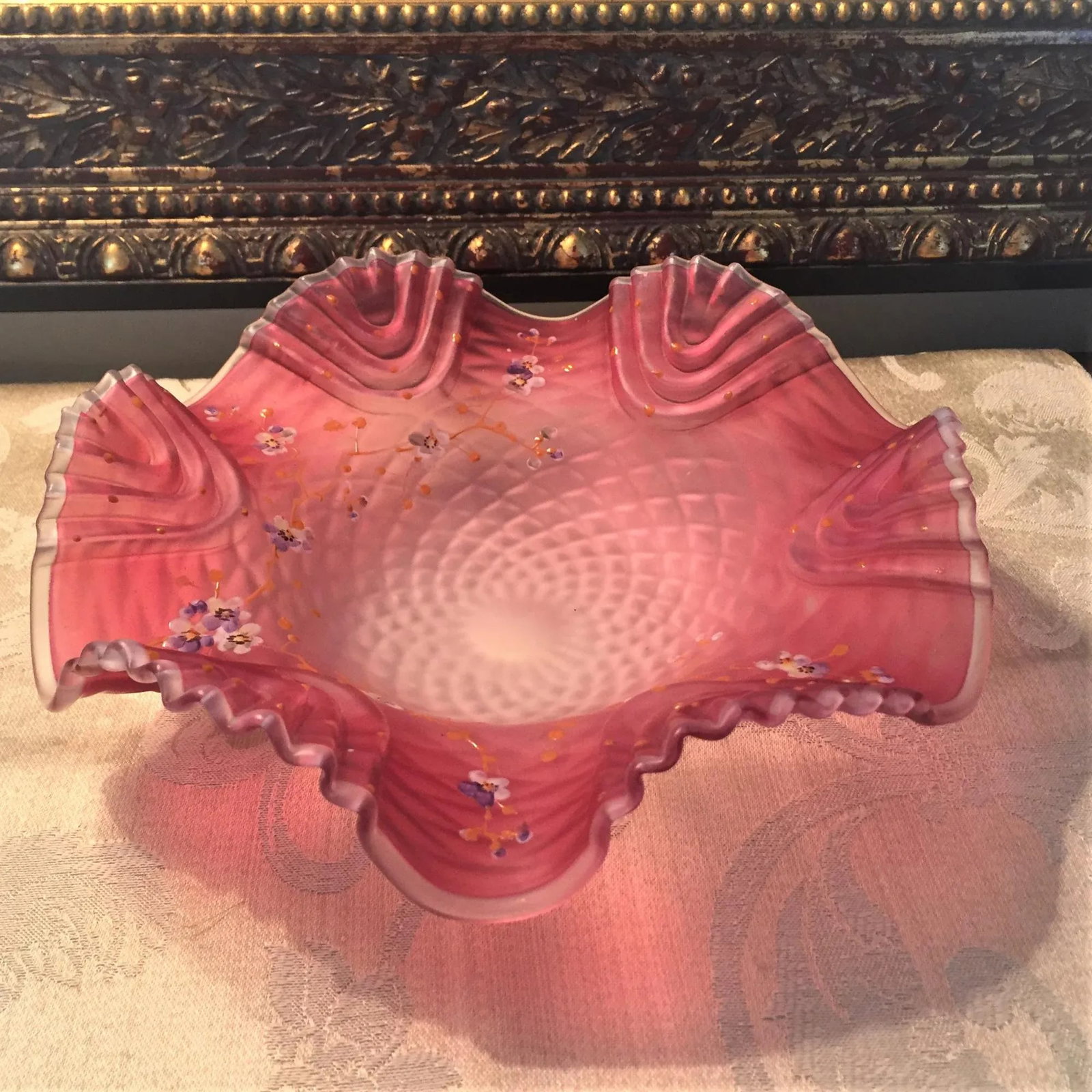 Late 19th Century Bohemian Victorian Art Glass Pink Cranberry Satin Glass Bride's Bowl with Diamond - 11