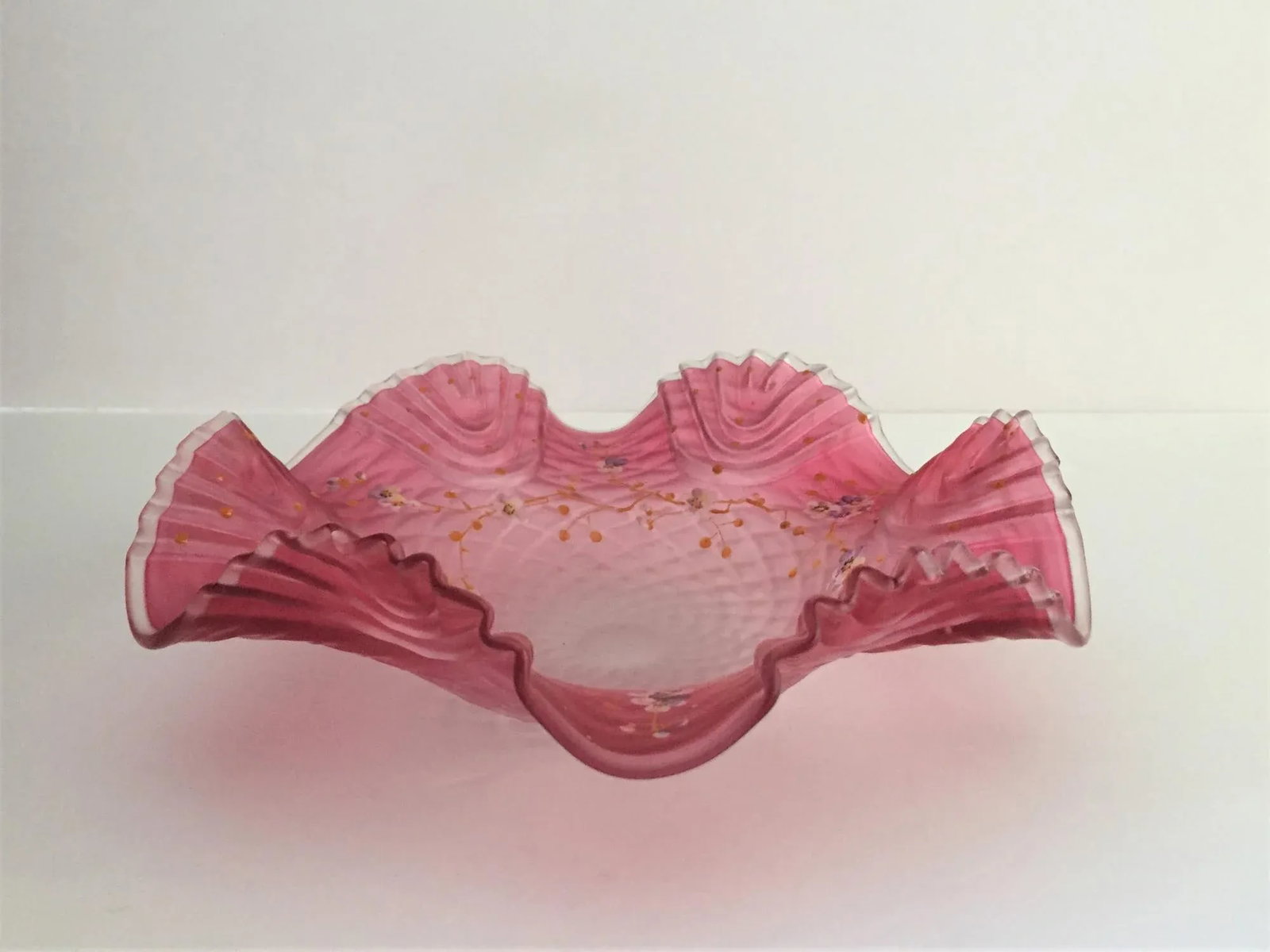 Late 19th Century Bohemian Victorian Art Glass Pink Cranberry Satin Glass Bride's Bowl with Diamond - 13