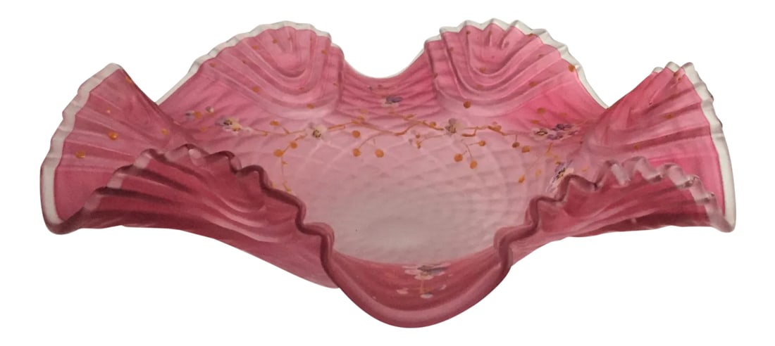 Late 19th Century Bohemian Victorian Art Glass Pink Cranberry Satin Glass Bride's Bowl with Diamond (1 of 13)