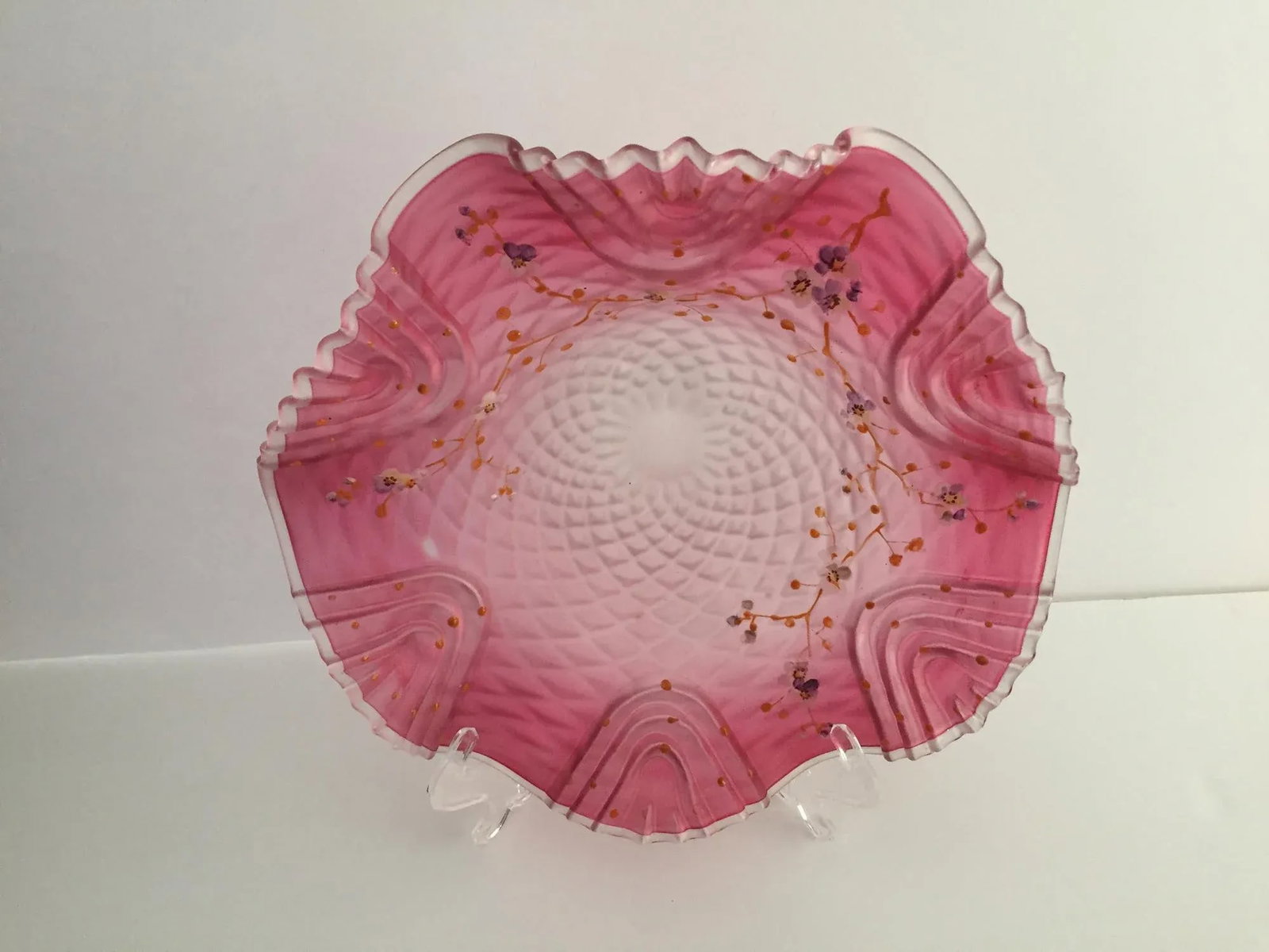 Late 19th Century Bohemian Victorian Art Glass Pink Cranberry Satin Glass Bride's Bowl with Diamond - 2