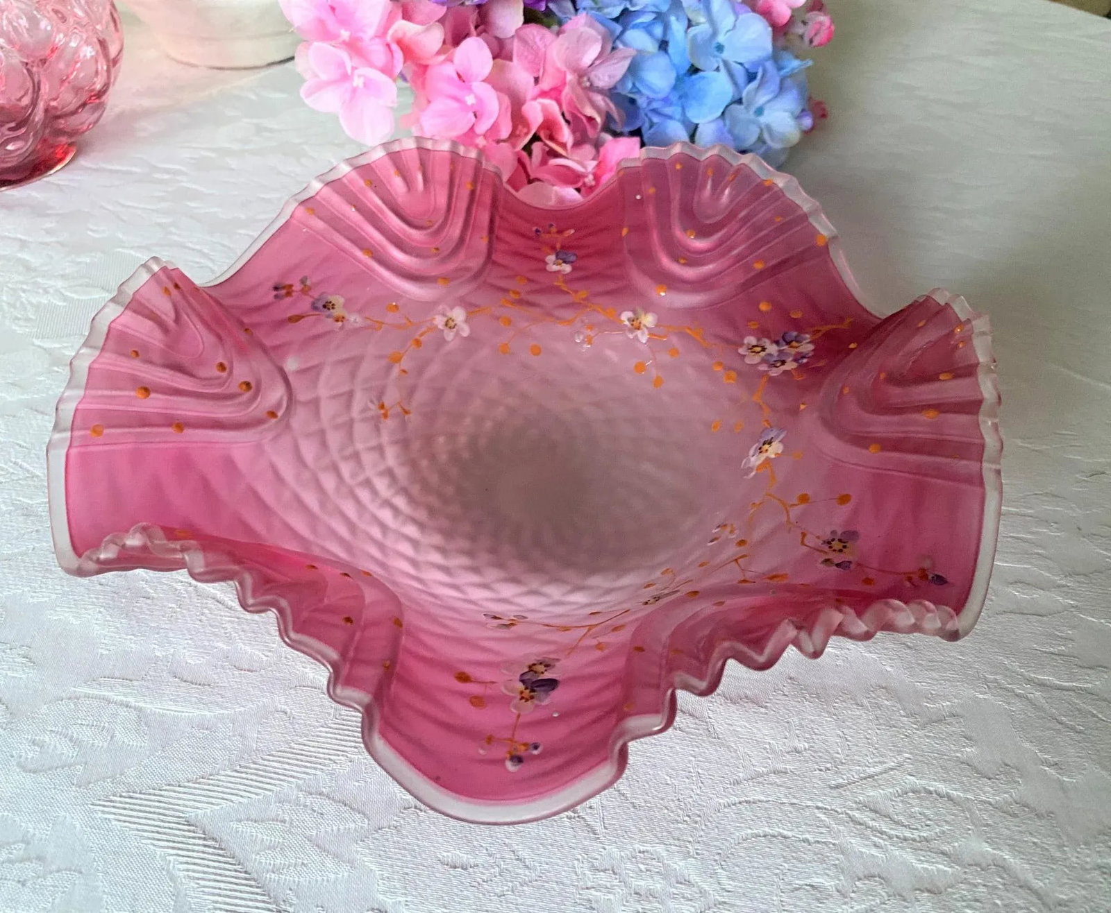 Late 19th Century Bohemian Victorian Art Glass Pink Cranberry Satin Glass Bride's Bowl with Diamond - 4