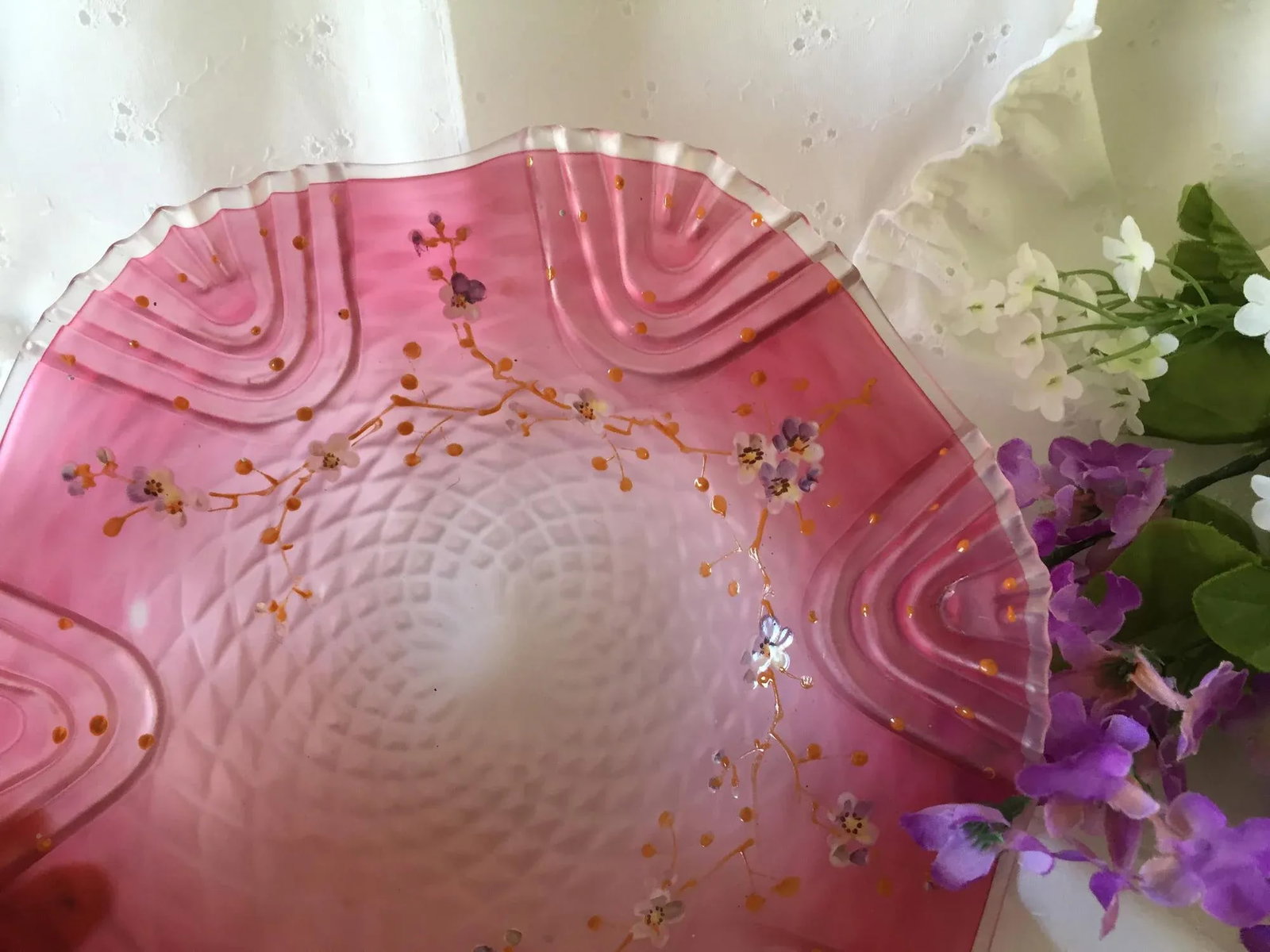 Late 19th Century Bohemian Victorian Art Glass Pink Cranberry Satin Glass Bride's Bowl with Diamond - 7