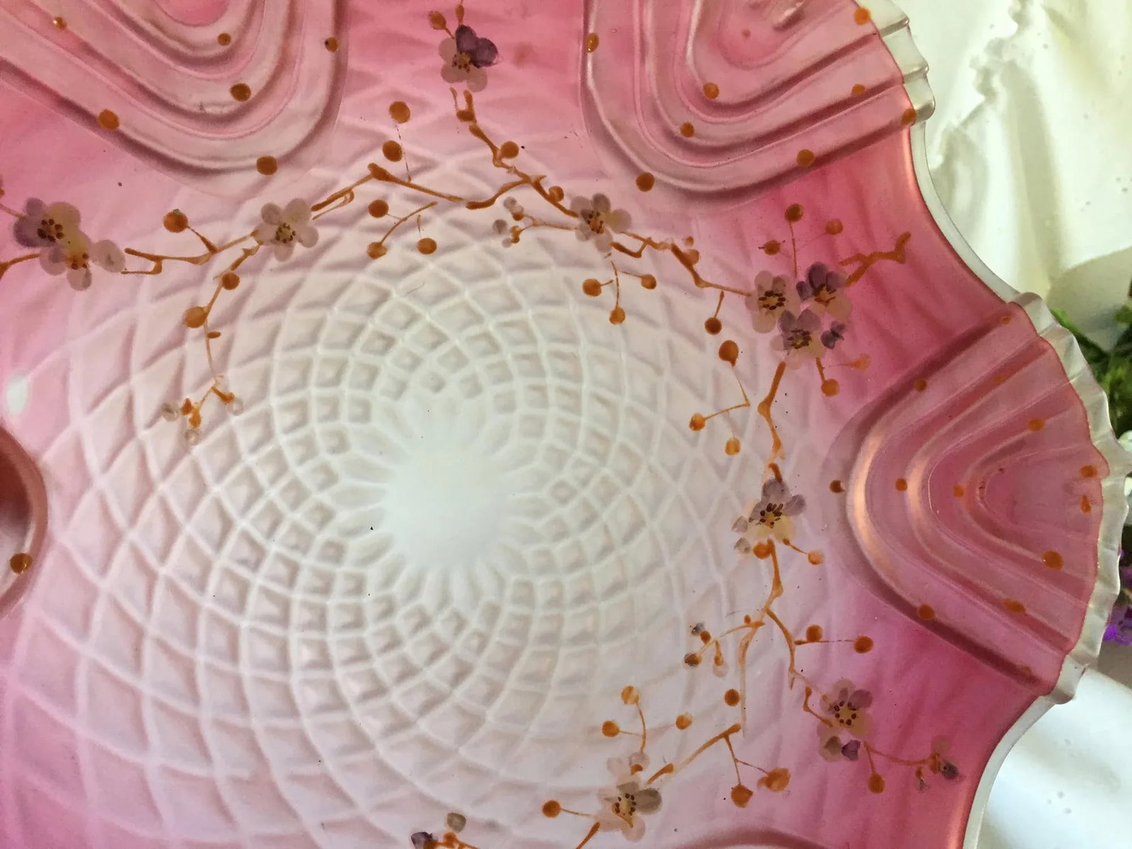 Late 19th Century Bohemian Victorian Art Glass Pink Cranberry Satin Glass Bride's Bowl with Diamond - 8